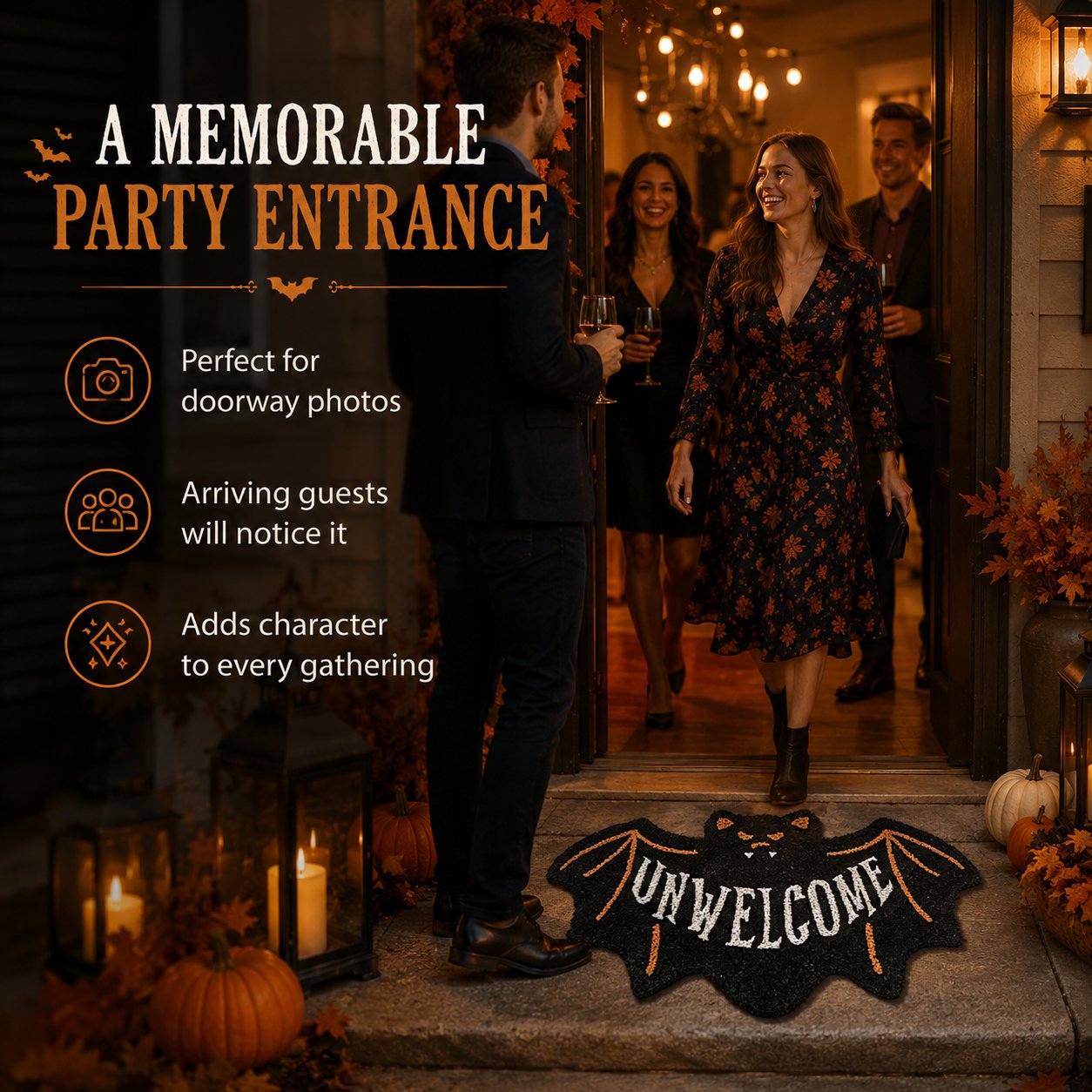 🔥 LAST DAY 50% OFF –🎃 Halloween “UNWELCOME” Bat Entryway Mat | Thick Bat-Shaped Polyester Indoor Rug, Hand-Washable in 2 Sizes 🦇✨