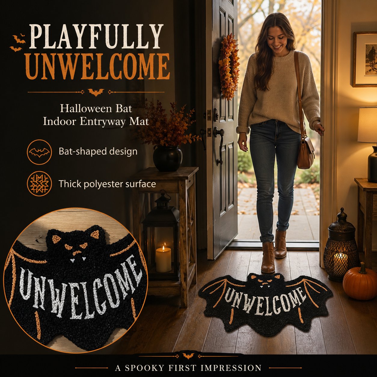🔥 LAST DAY 50% OFF –🎃 Halloween “UNWELCOME” Bat Entryway Mat | Thick Bat-Shaped Polyester Indoor Rug, Hand-Washable in 2 Sizes 🦇✨