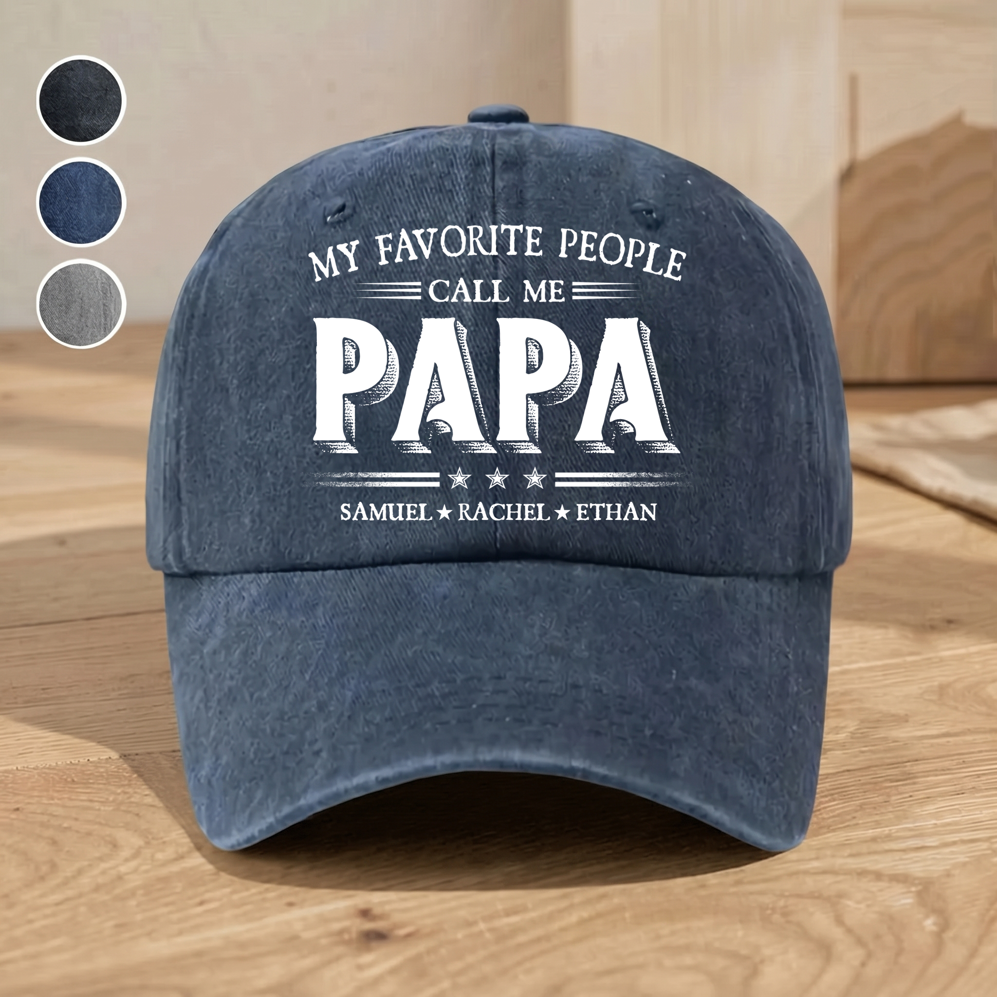 Personalized Washed Denim Baseball Cap with Papa Quote, Custom Kids' Names, Vintage Dad Hat, Unique Gift for Fathers & Grandpas