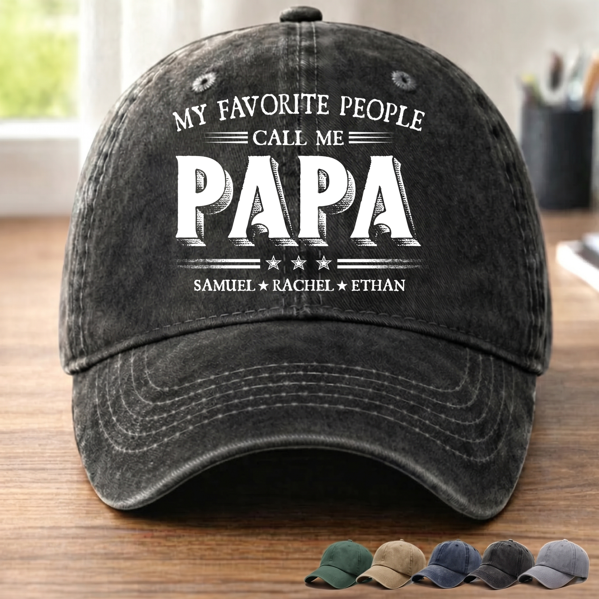 Personalized Washed Denim Baseball Cap with Papa Quote, Custom Kids' Names, Vintage Dad Hat, Unique Gift for Fathers & Grandpas