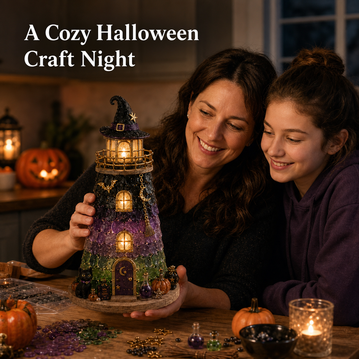 ⏳ Last Day 50% OFF 🎃Halloween Sea Glass Lighthouse DIY Kit – Light-Up 3D Craft Kit with Warm LED, Themed Charms & Spooky Seasonal Decor