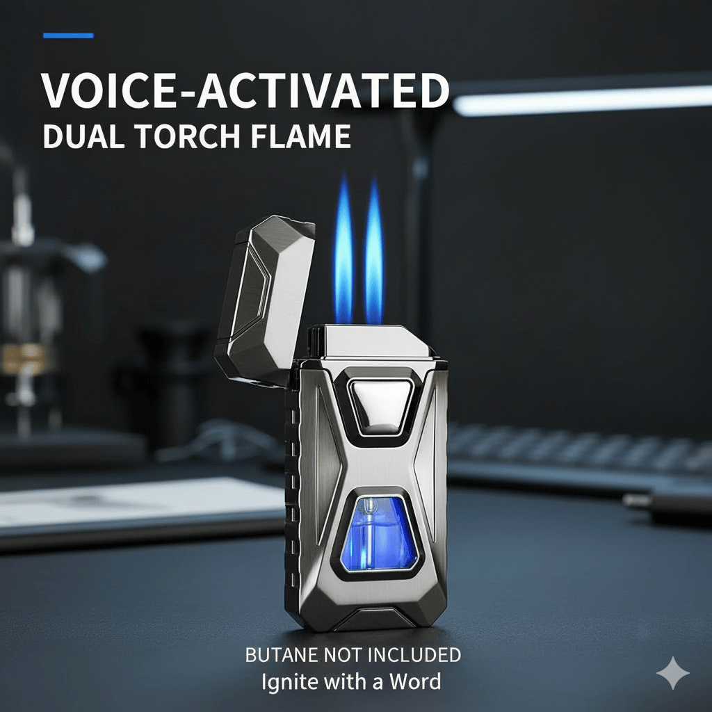 Voice-Activated Dual Flame Lighter (Butane Not Included) | USB Rechargeable Windproof Refillable with Visible Window