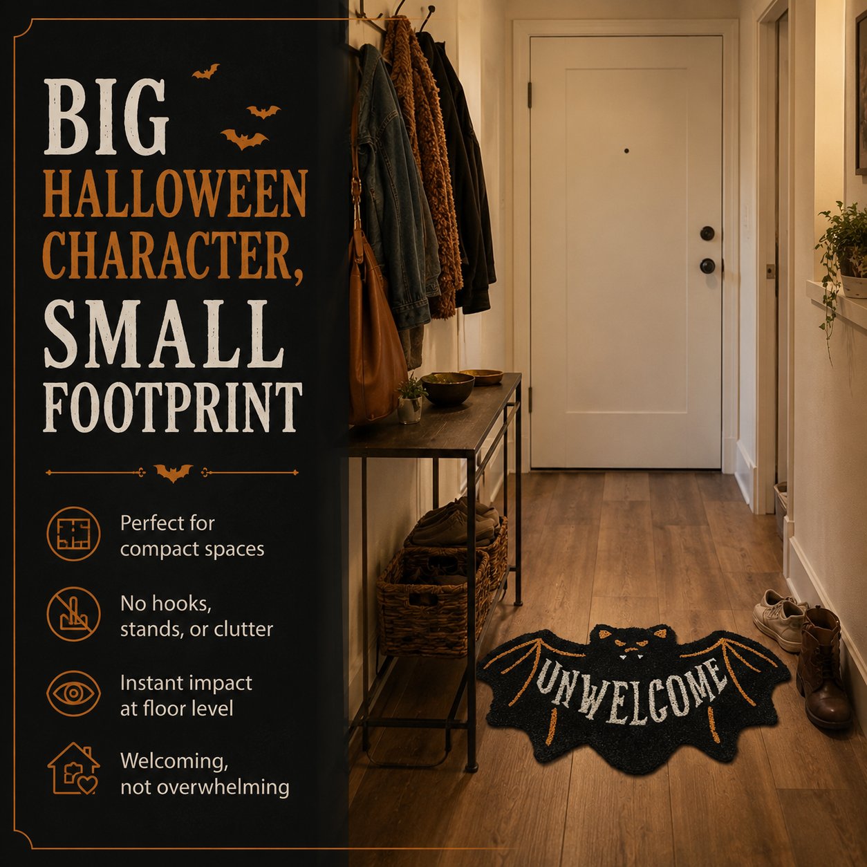 🔥 LAST DAY 50% OFF –🎃 Halloween “UNWELCOME” Bat Entryway Mat | Thick Bat-Shaped Polyester Indoor Rug, Hand-Washable in 2 Sizes 🦇✨