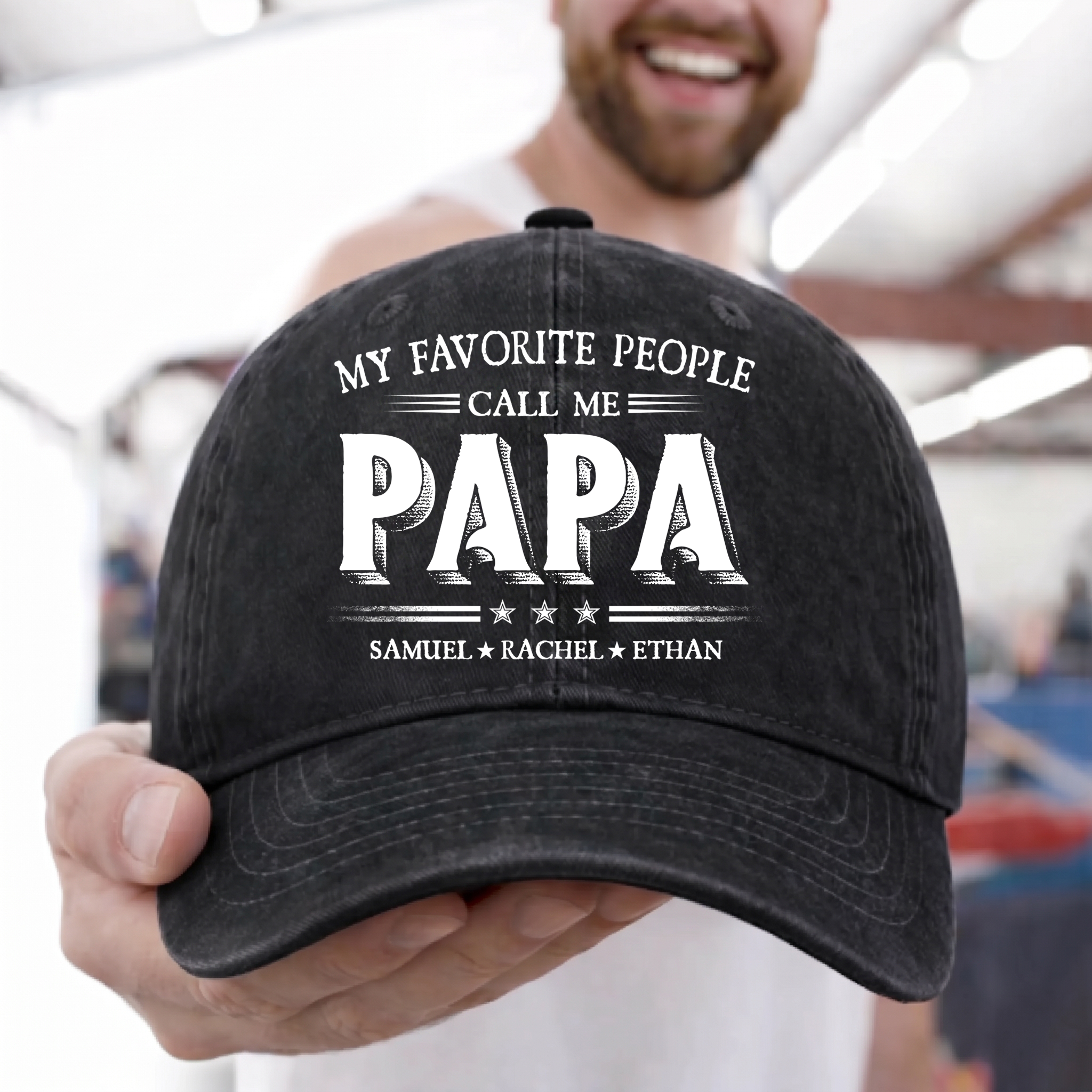 Personalized Washed Denim Baseball Cap with Papa Quote, Custom Kids' Names, Vintage Dad Hat, Unique Gift for Fathers & Grandpas
