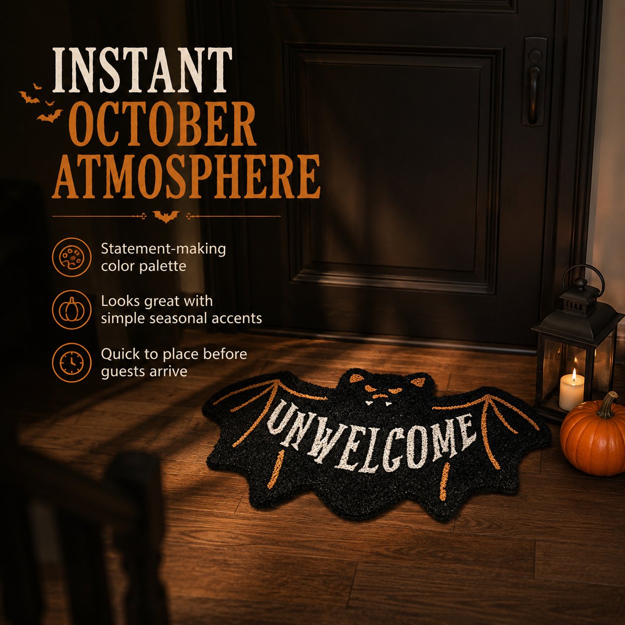 🔥 LAST DAY 50% OFF –🎃 Halloween “UNWELCOME” Bat Entryway Mat | Thick Bat-Shaped Polyester Indoor Rug, Hand-Washable in 2 Sizes 🦇✨