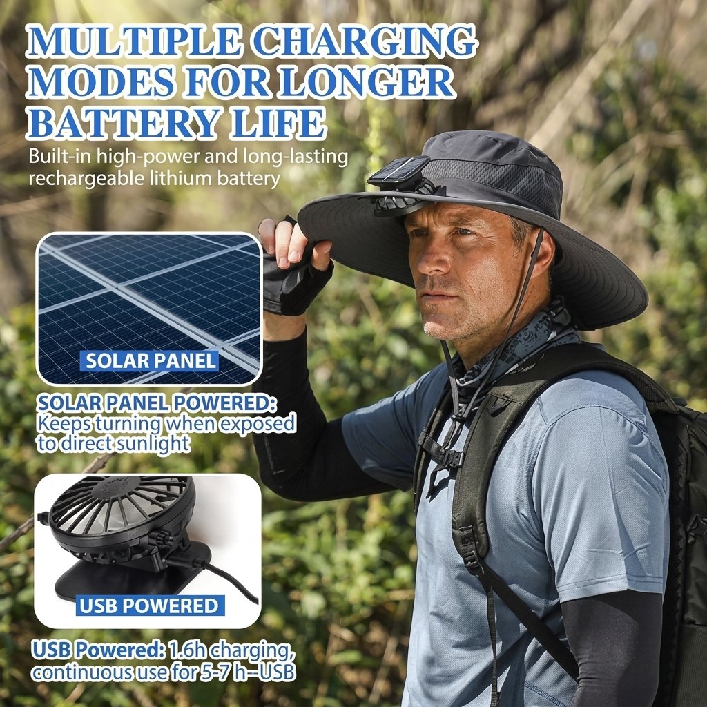 LAST DAY 49% OFF - Wide Brim Solar Fan Outdoor Fishing Hat-Solar & USB Charging
