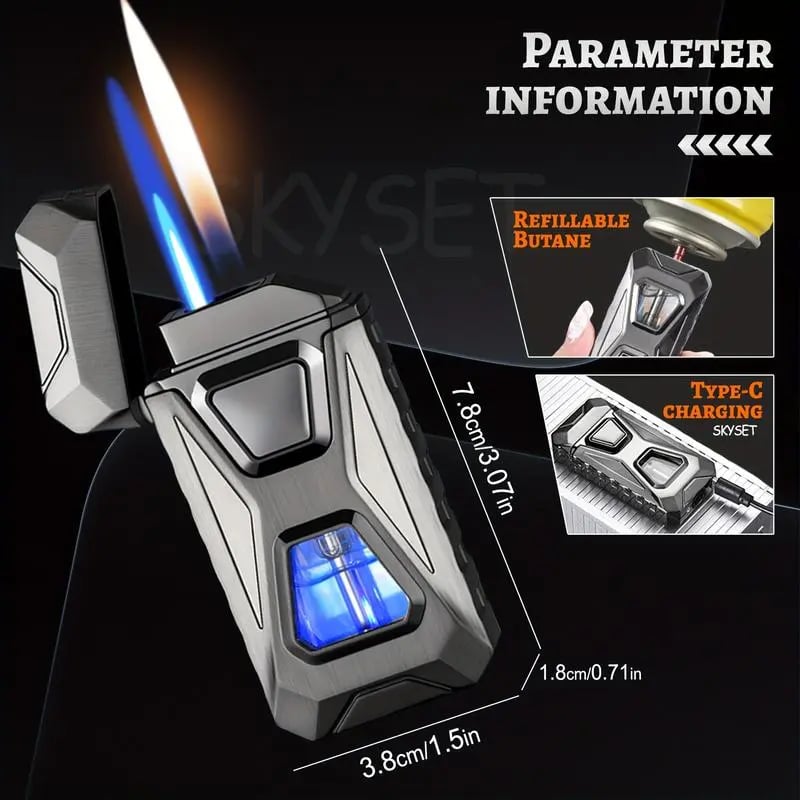 Voice-Activated Dual Flame Lighter (Butane Not Included) | USB Rechargeable Windproof Refillable with Visible Window