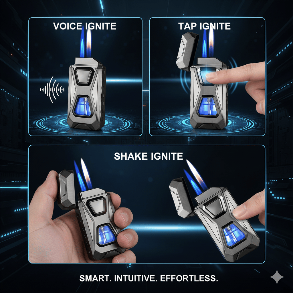 Voice-Activated Dual Flame Lighter (Butane Not Included) | USB Rechargeable Windproof Refillable with Visible Window