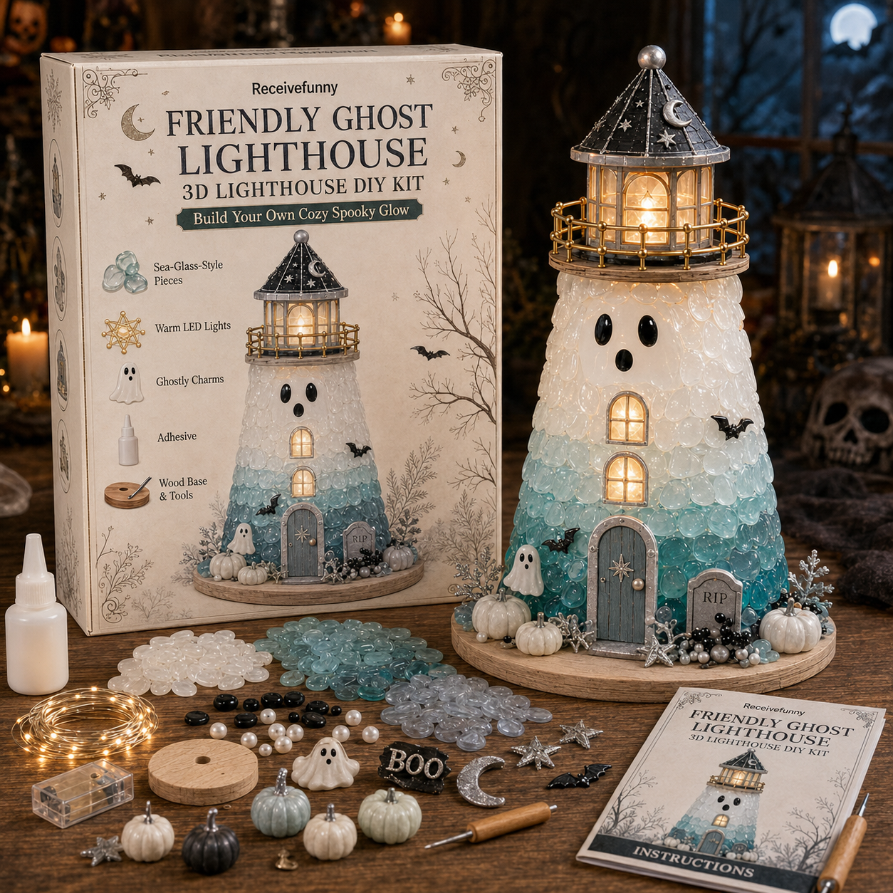 ⏳ Last Day 50% OFF 🎃Halloween Sea Glass Lighthouse DIY Kit – Light-Up 3D Craft Kit with Warm LED, Themed Charms & Spooky Seasonal Decor