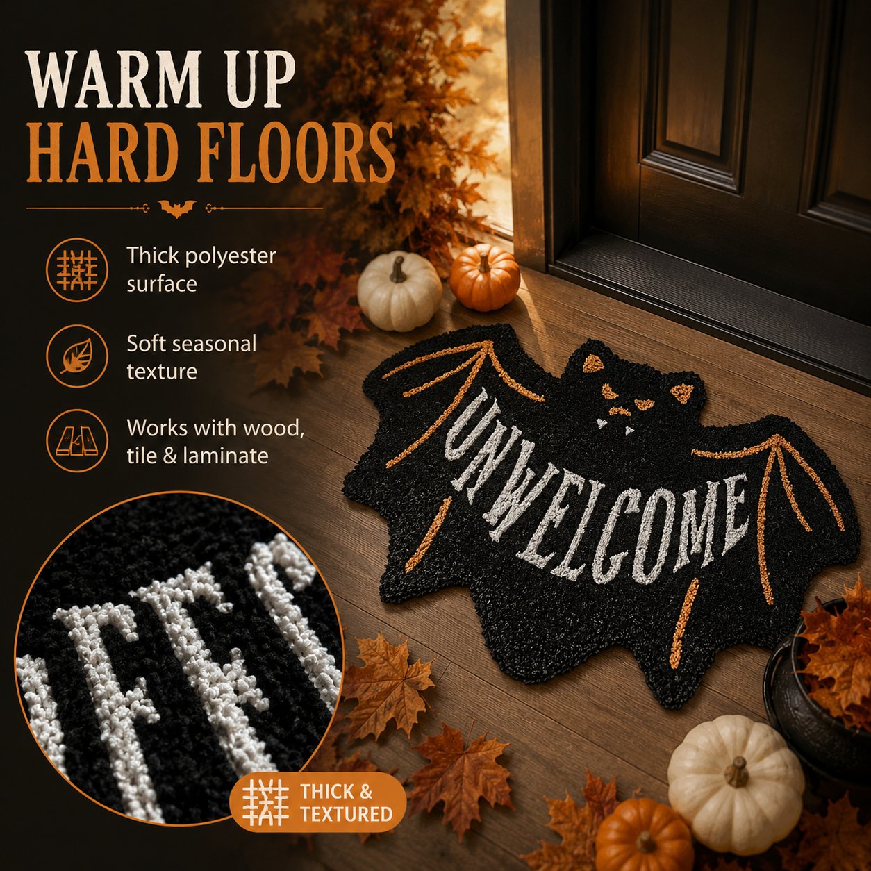 🔥 LAST DAY 50% OFF –🎃 Halloween “UNWELCOME” Bat Entryway Mat | Thick Bat-Shaped Polyester Indoor Rug, Hand-Washable in 2 Sizes 🦇✨