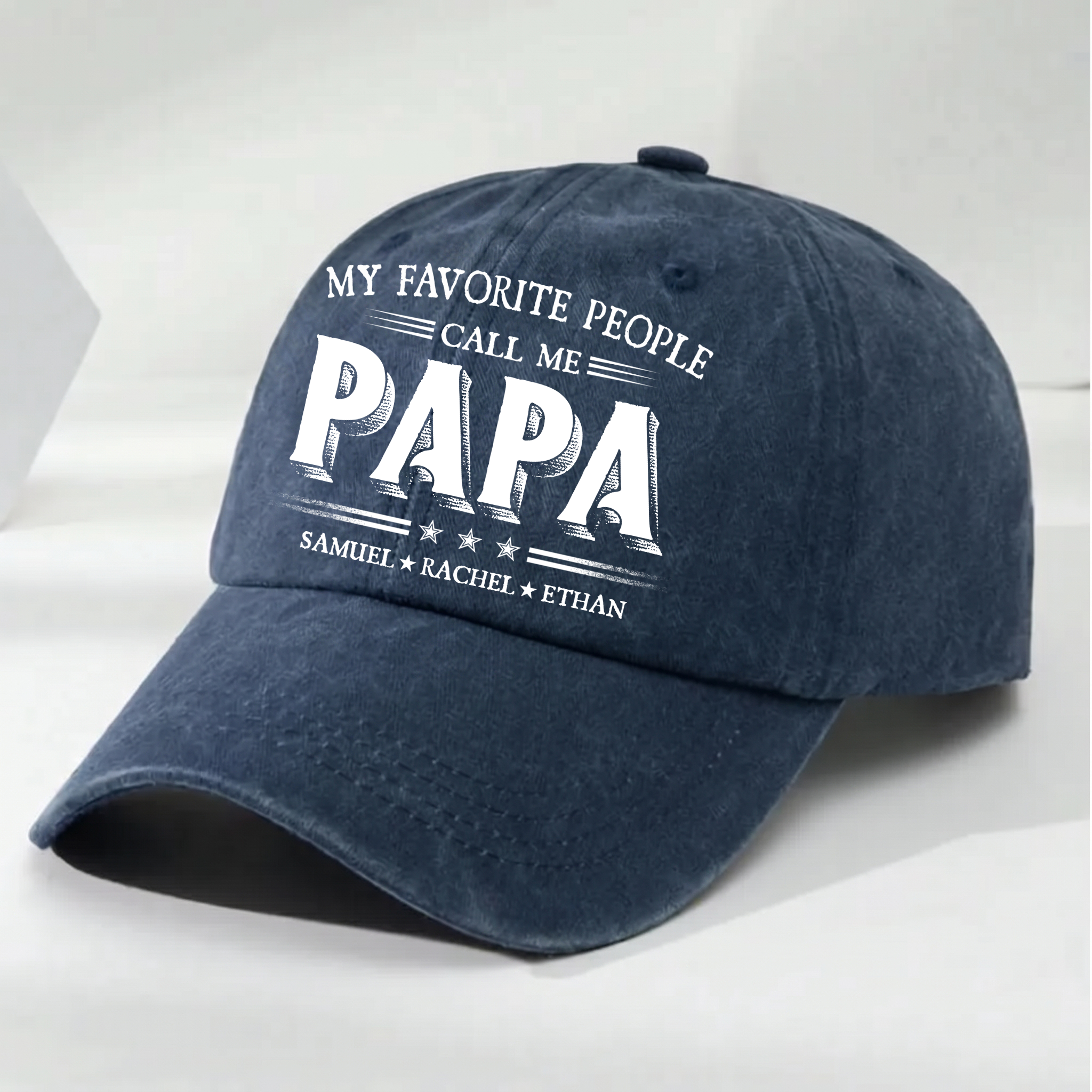 Personalized Washed Denim Baseball Cap with Papa Quote, Custom Kids' Names, Vintage Dad Hat, Unique Gift for Fathers & Grandpas