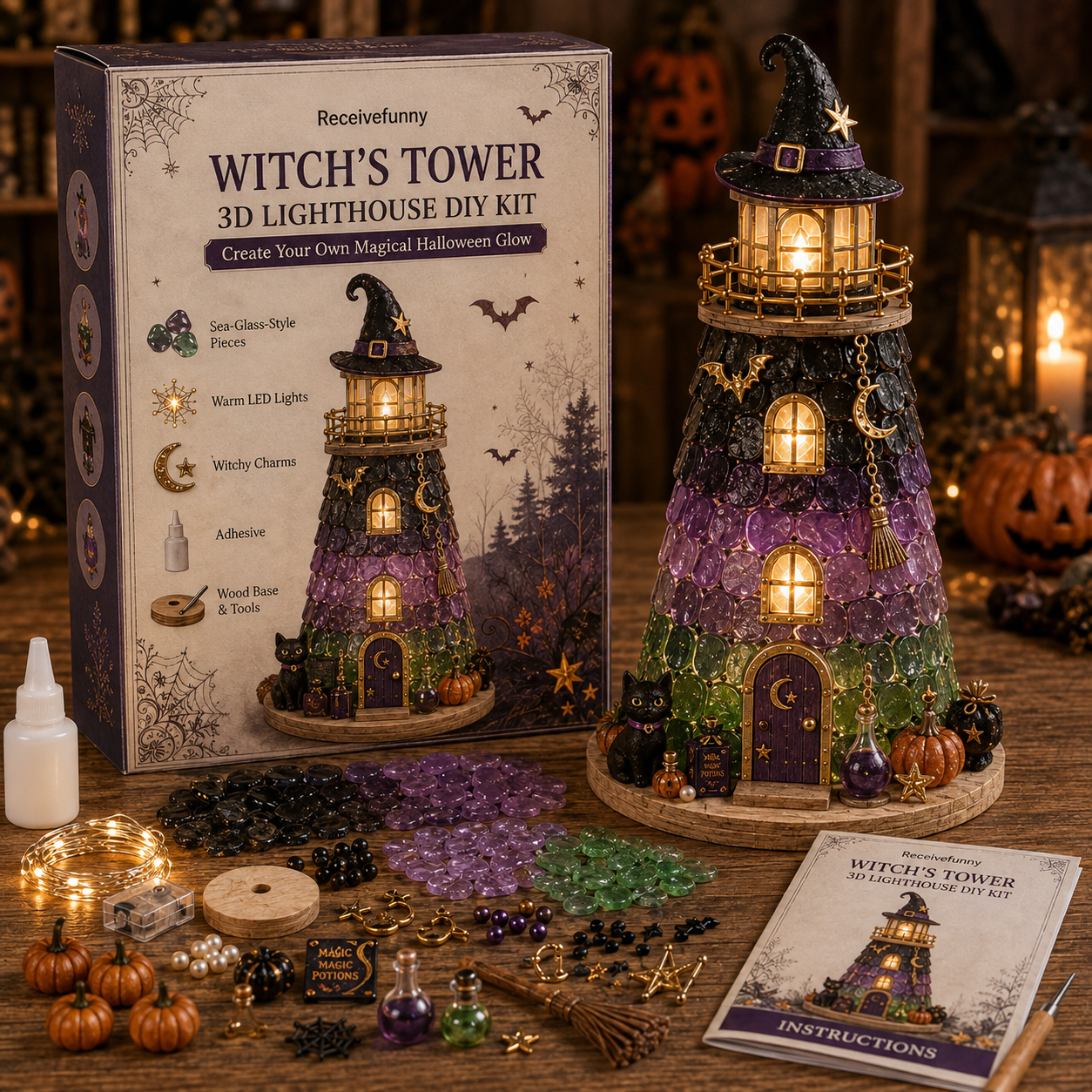 ⏳ Last Day 50% OFF 🎃Halloween Sea Glass Lighthouse DIY Kit – Light-Up 3D Craft Kit with Warm LED, Themed Charms & Spooky Seasonal Decor