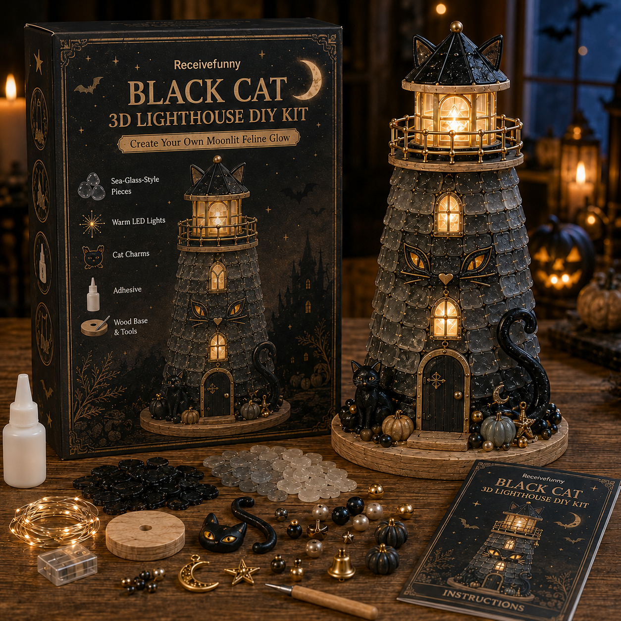 ⏳ Last Day 50% OFF 🎃Halloween Sea Glass Lighthouse DIY Kit – Light-Up 3D Craft Kit with Warm LED, Themed Charms & Spooky Seasonal Decor