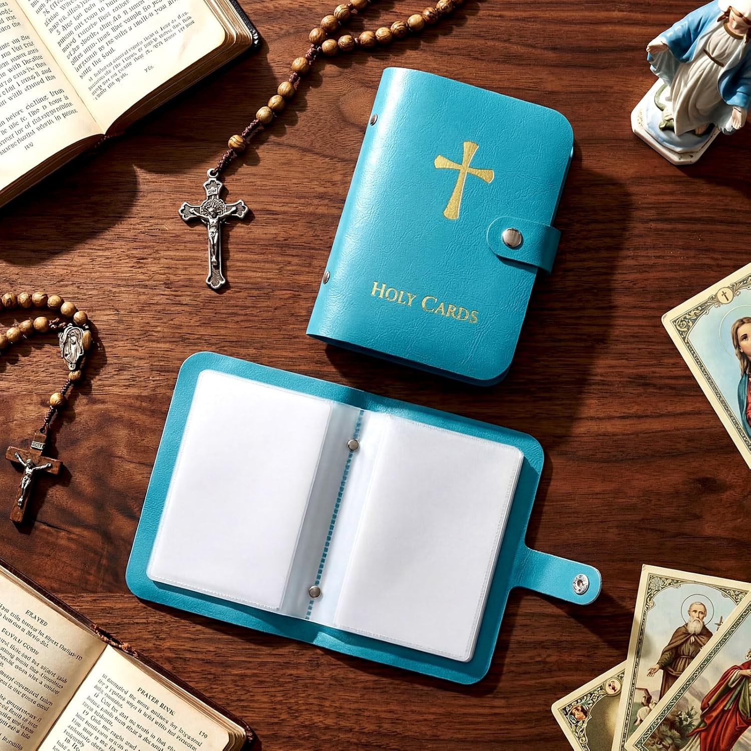 Catholic Genuine Leather Holy Card Holder – Pocket Prayer Card Organizer with Snap Closure