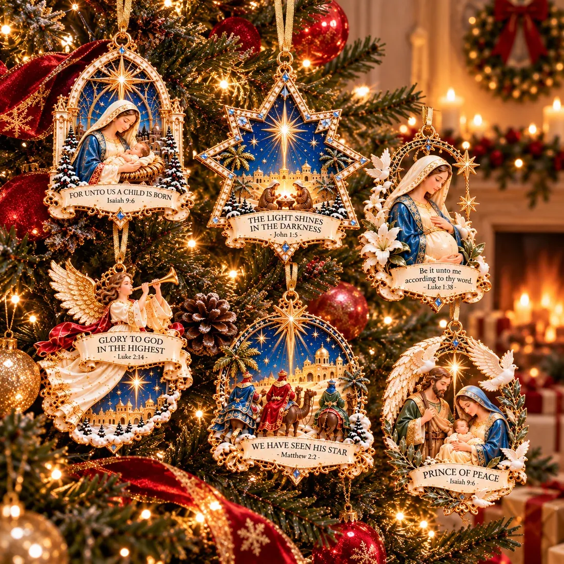 The Promise of Christmas Christian ornaments displayed on a Christmas tree