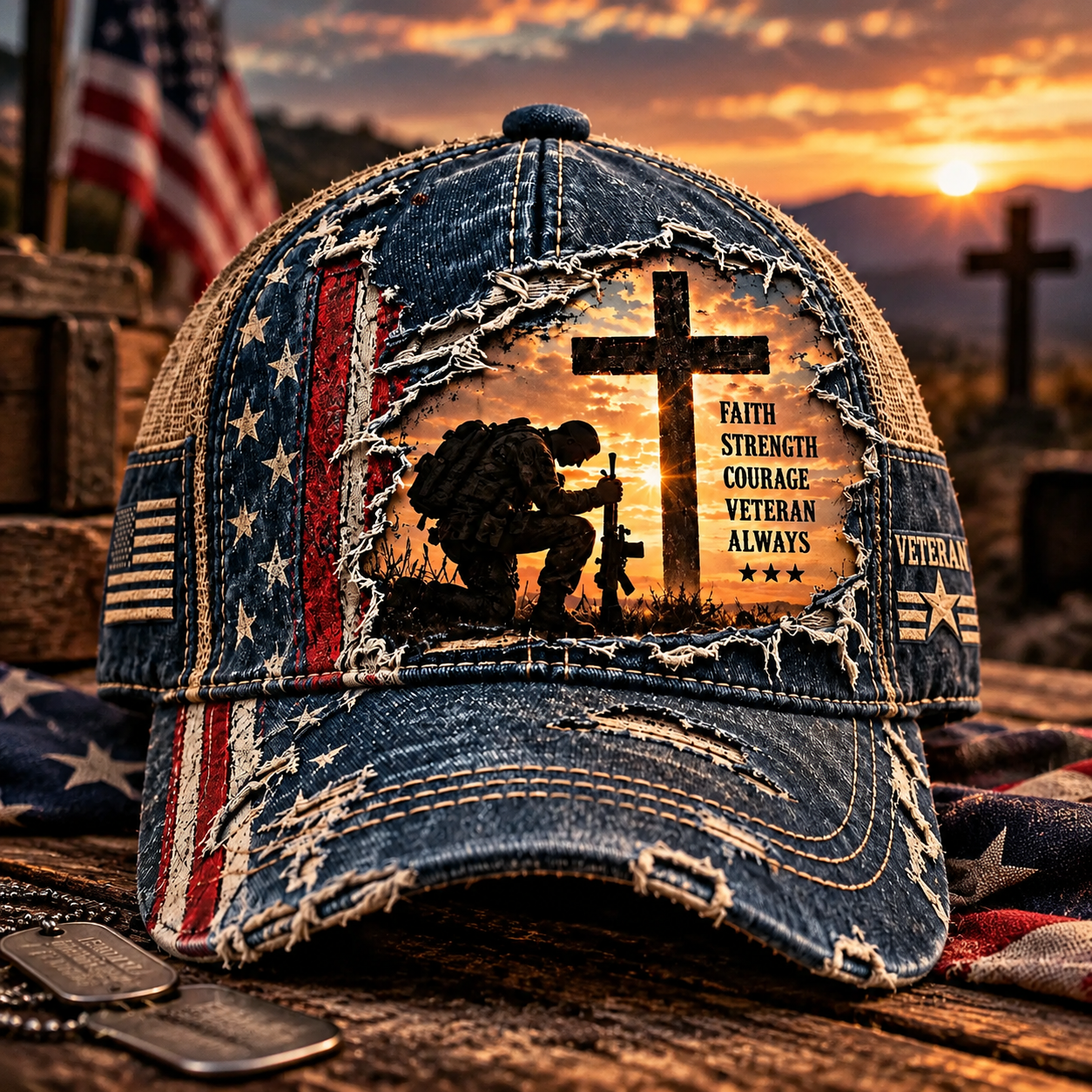 Veteran Faith Strength Courage Always Trucker Cap – Patriotic Military Tribute Hat