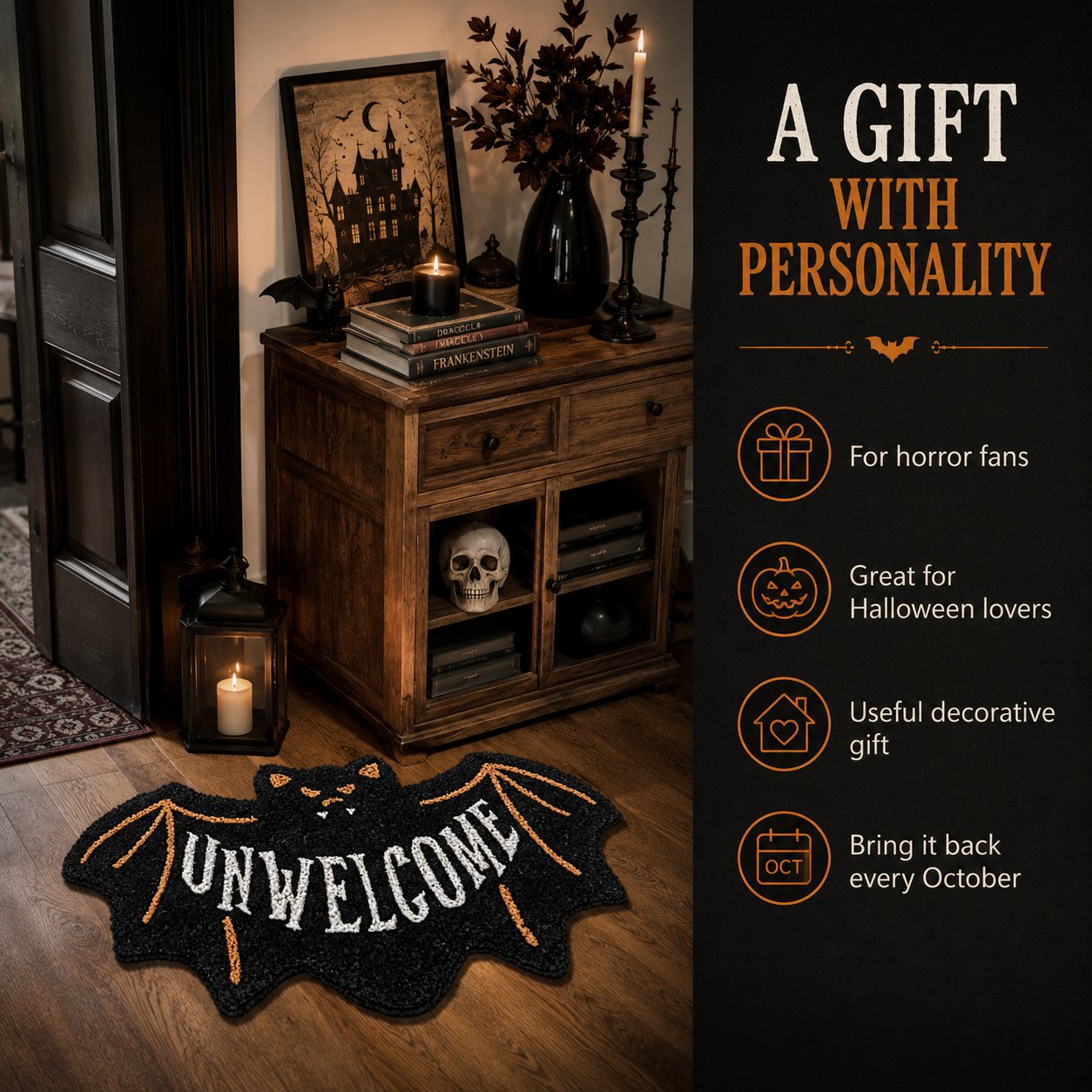 🔥 LAST DAY 50% OFF –🎃 Halloween “UNWELCOME” Bat Entryway Mat | Thick Bat-Shaped Polyester Indoor Rug, Hand-Washable in 2 Sizes 🦇✨