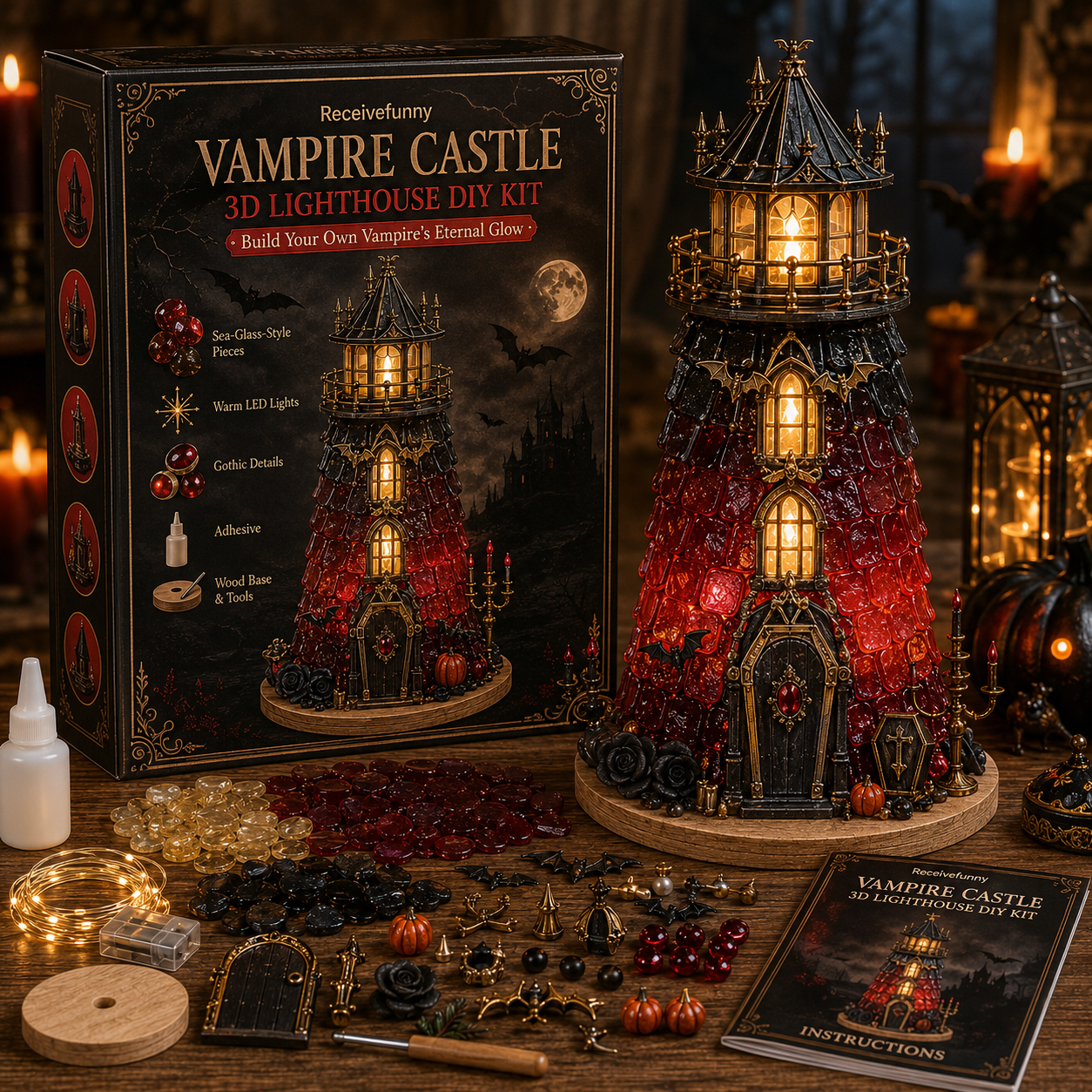⏳ Last Day 50% OFF 🎃Halloween Sea Glass Lighthouse DIY Kit – Light-Up 3D Craft Kit with Warm LED, Themed Charms & Spooky Seasonal Decor