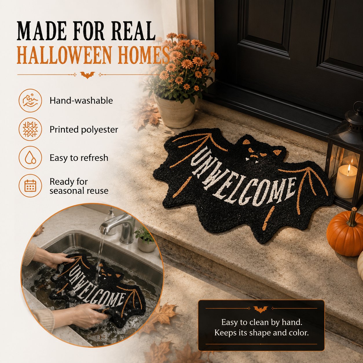 🔥 LAST DAY 50% OFF –🎃 Halloween “UNWELCOME” Bat Entryway Mat | Thick Bat-Shaped Polyester Indoor Rug, Hand-Washable in 2 Sizes 🦇✨