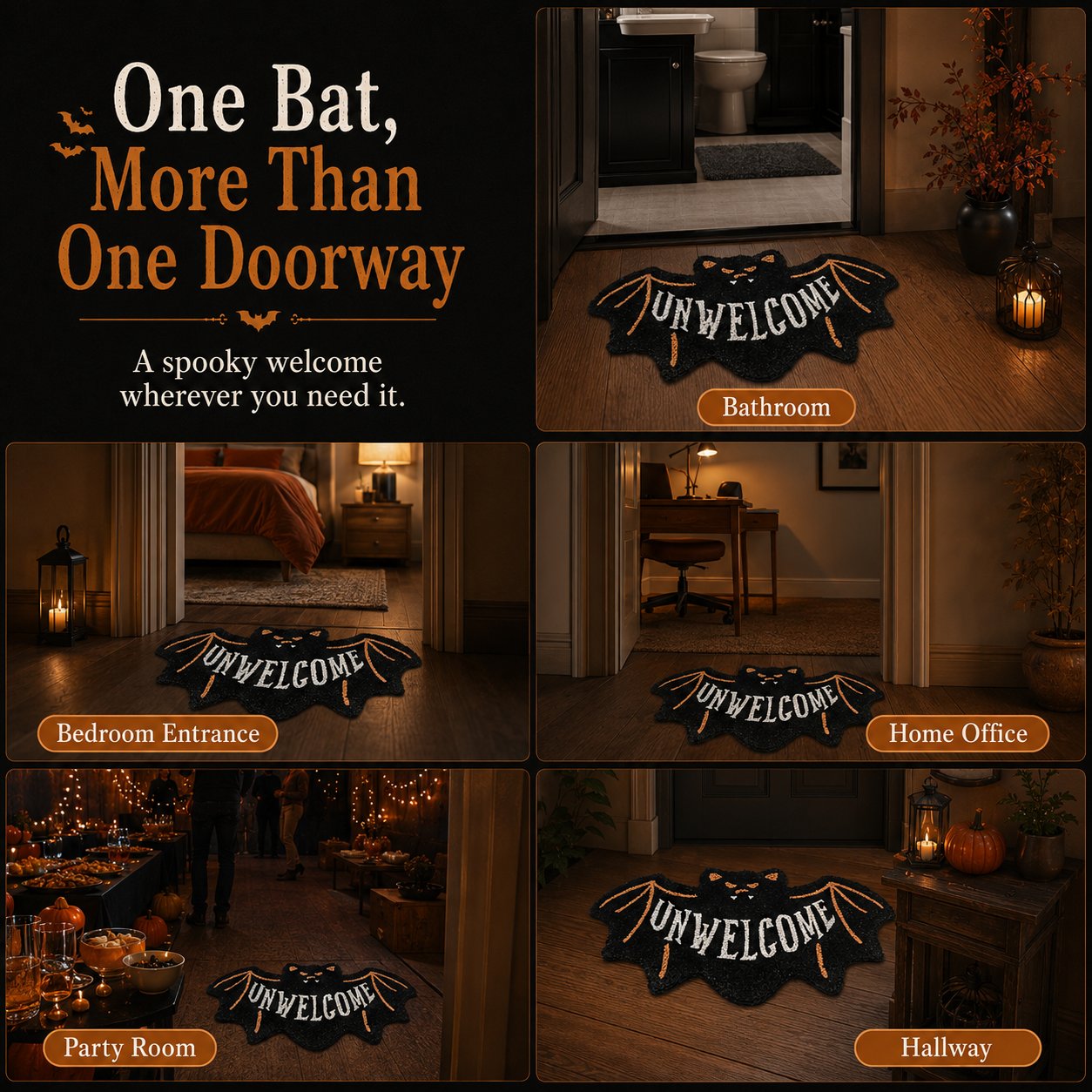 🔥 LAST DAY 50% OFF –🎃 Halloween “UNWELCOME” Bat Entryway Mat | Thick Bat-Shaped Polyester Indoor Rug, Hand-Washable in 2 Sizes 🦇✨