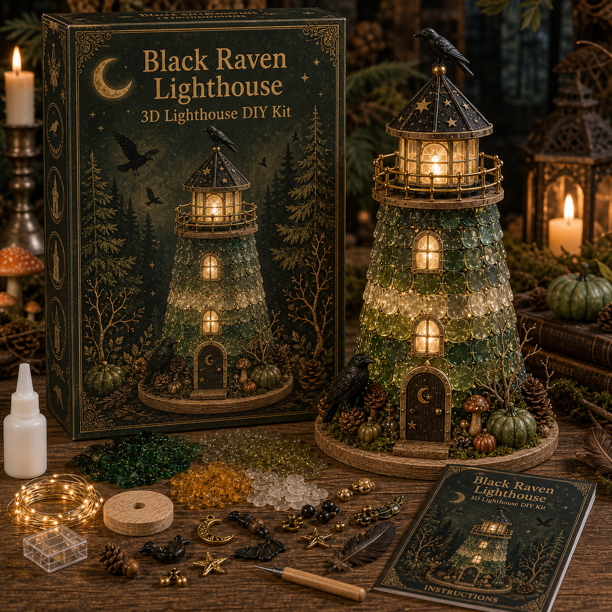 ⏳ Last Day 50% OFF 🎃Halloween Sea Glass Lighthouse DIY Kit – Light-Up 3D Craft Kit with Warm LED, Themed Charms & Spooky Seasonal Decor