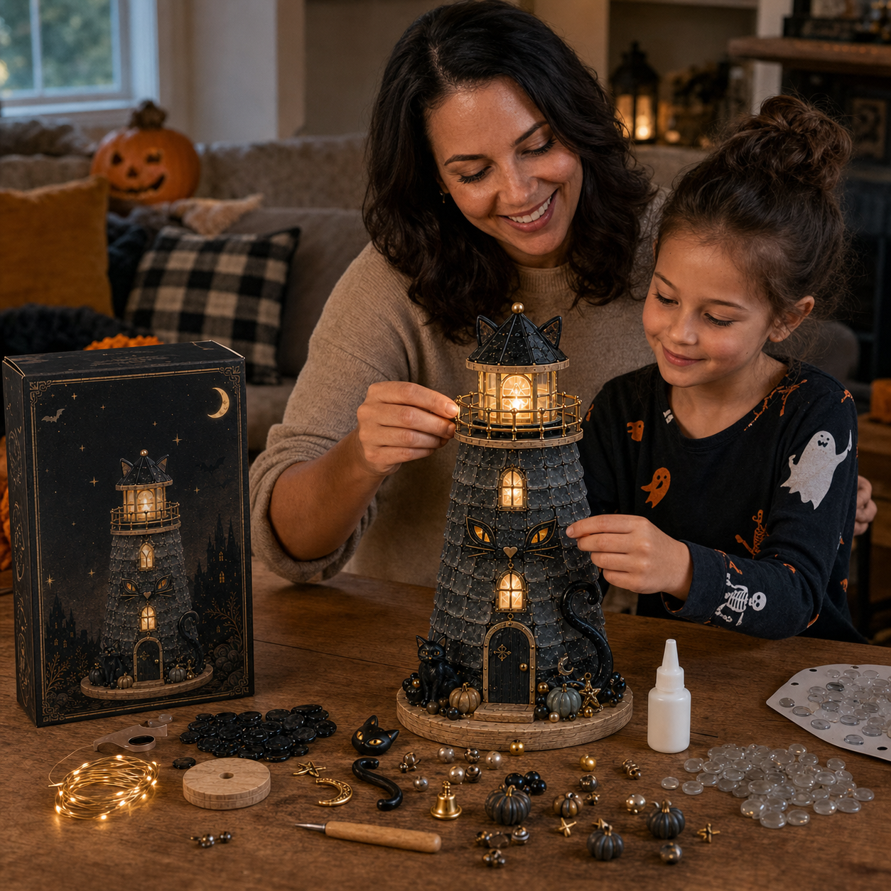 ⏳ Last Day 50% OFF 🎃Halloween Sea Glass Lighthouse DIY Kit – Light-Up 3D Craft Kit with Warm LED, Themed Charms & Spooky Seasonal Decor