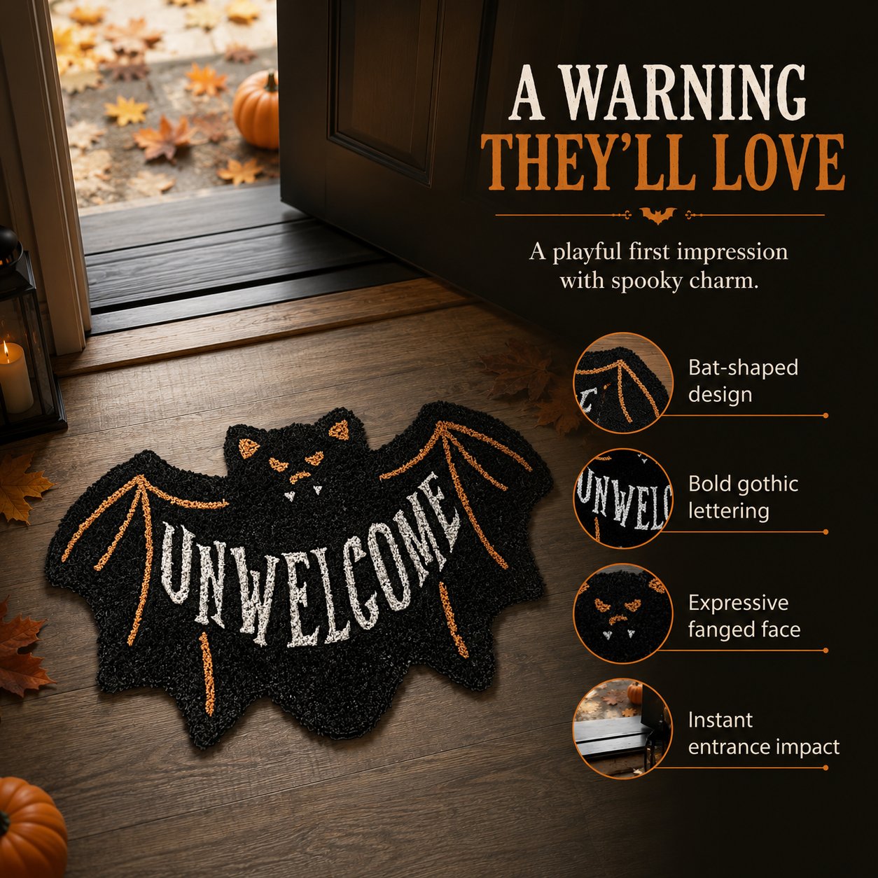 🔥 LAST DAY 50% OFF –🎃 Halloween “UNWELCOME” Bat Entryway Mat | Thick Bat-Shaped Polyester Indoor Rug, Hand-Washable in 2 Sizes 🦇✨