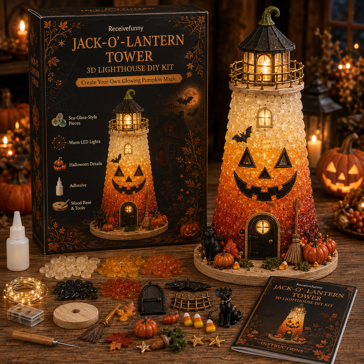 ⏳ Last Day 50% OFF 🎃Halloween Sea Glass Lighthouse DIY Kit – Light-Up 3D Craft Kit with Warm LED, Themed Charms & Spooky Seasonal Decor