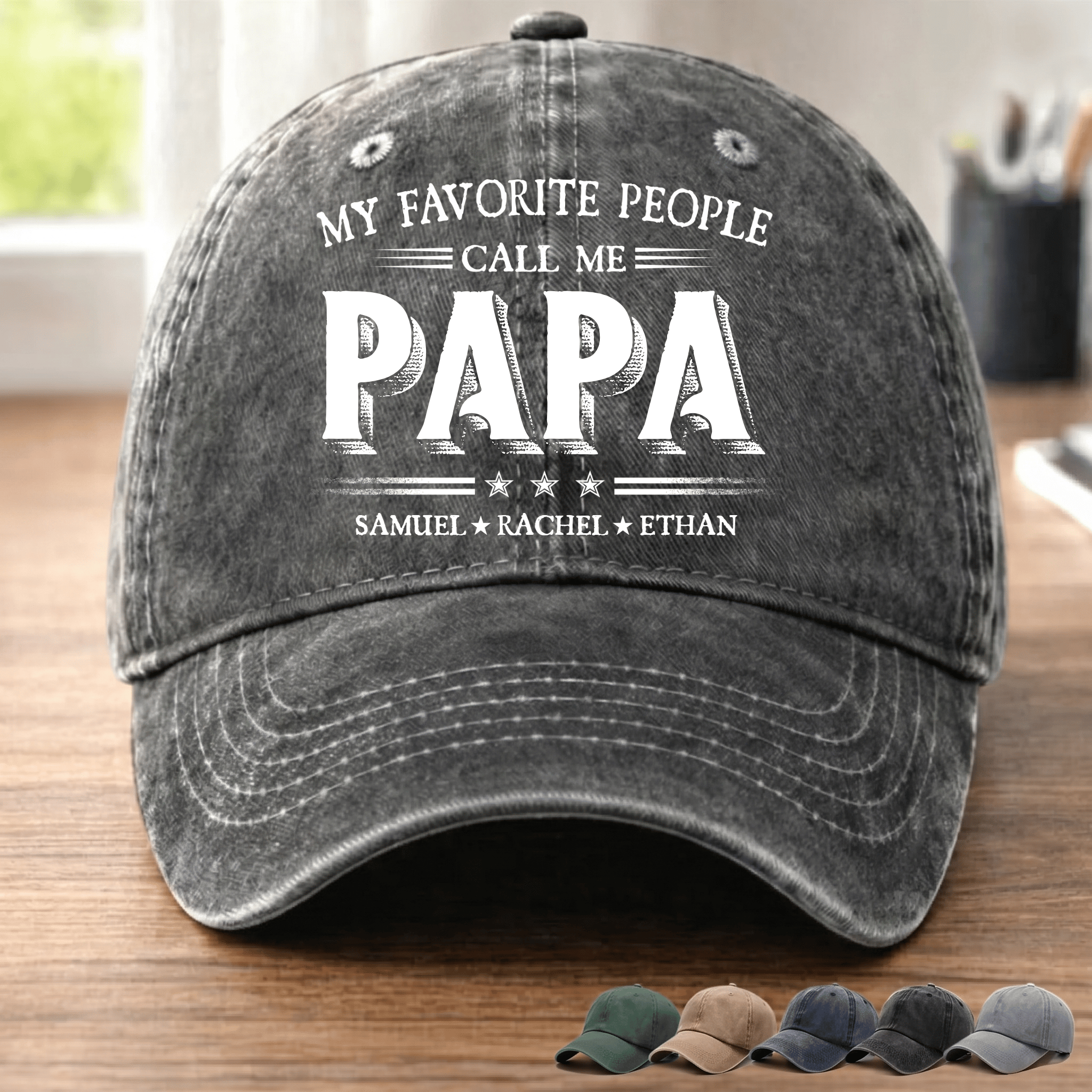Personalized Washed Denim Baseball Cap with Papa Quote, Custom Kids' Names, Vintage Dad Hat, Unique Gift for Fathers & Grandpas