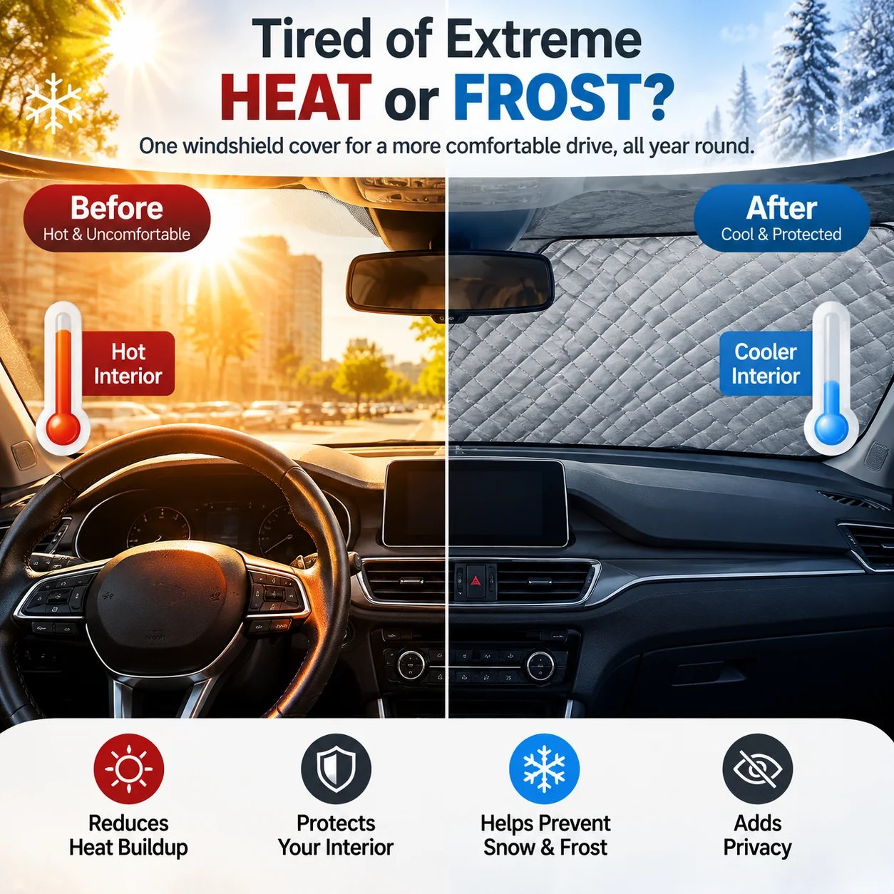 Windshield cover for hot sun frost and snow