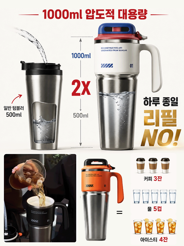 316 스테인리스 차량용 보온·보냉 텀블러, 1000ml 초대용량, 36시간 초강력 보냉!