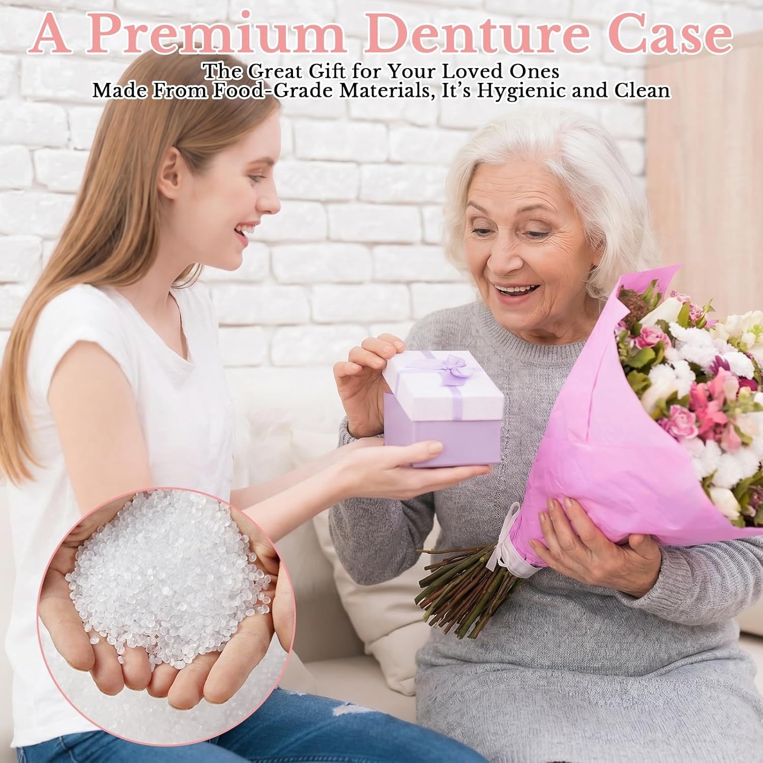 Young woman giving a premium denture case to an elderly woman as a gift