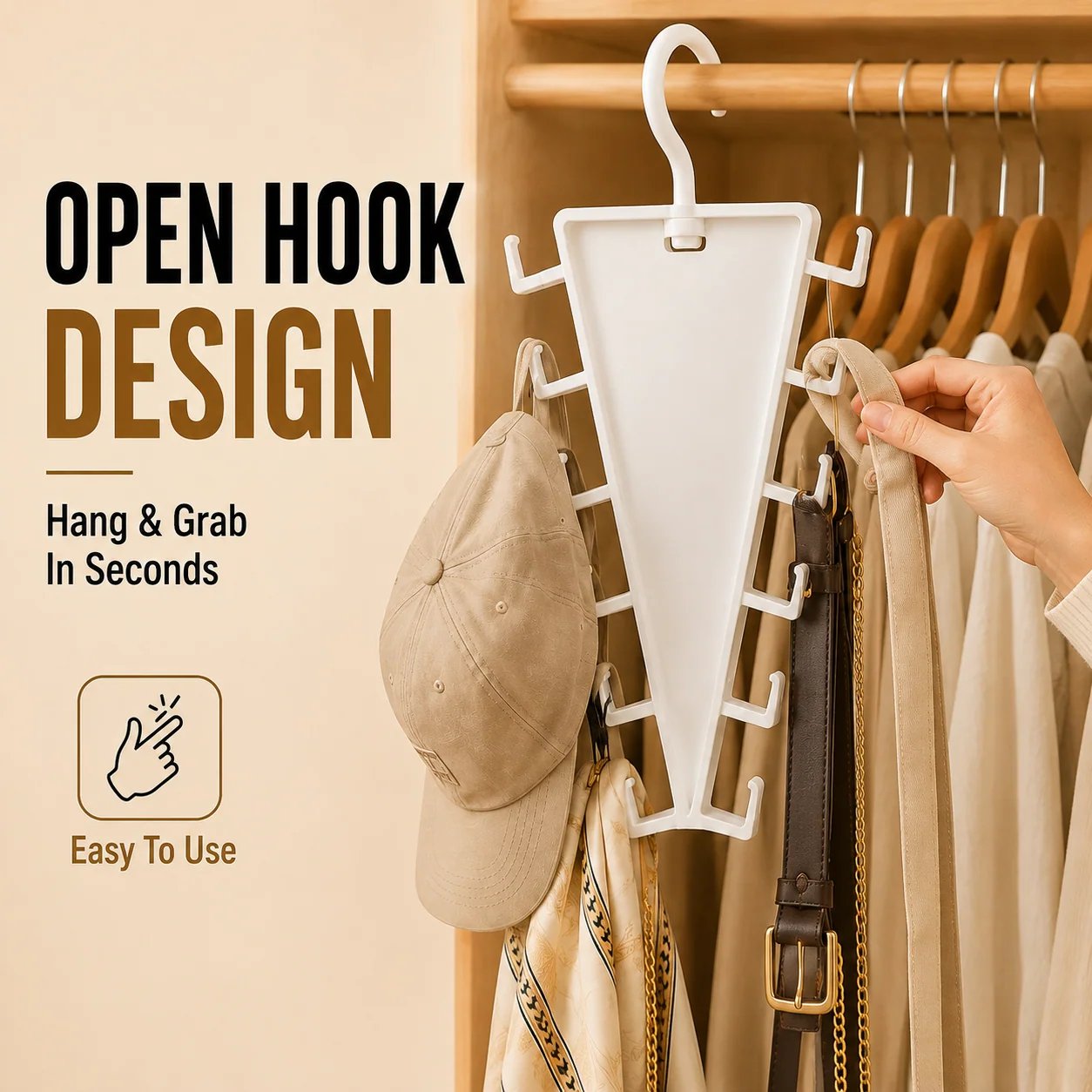 Open hook design for belts scarves hats and bags