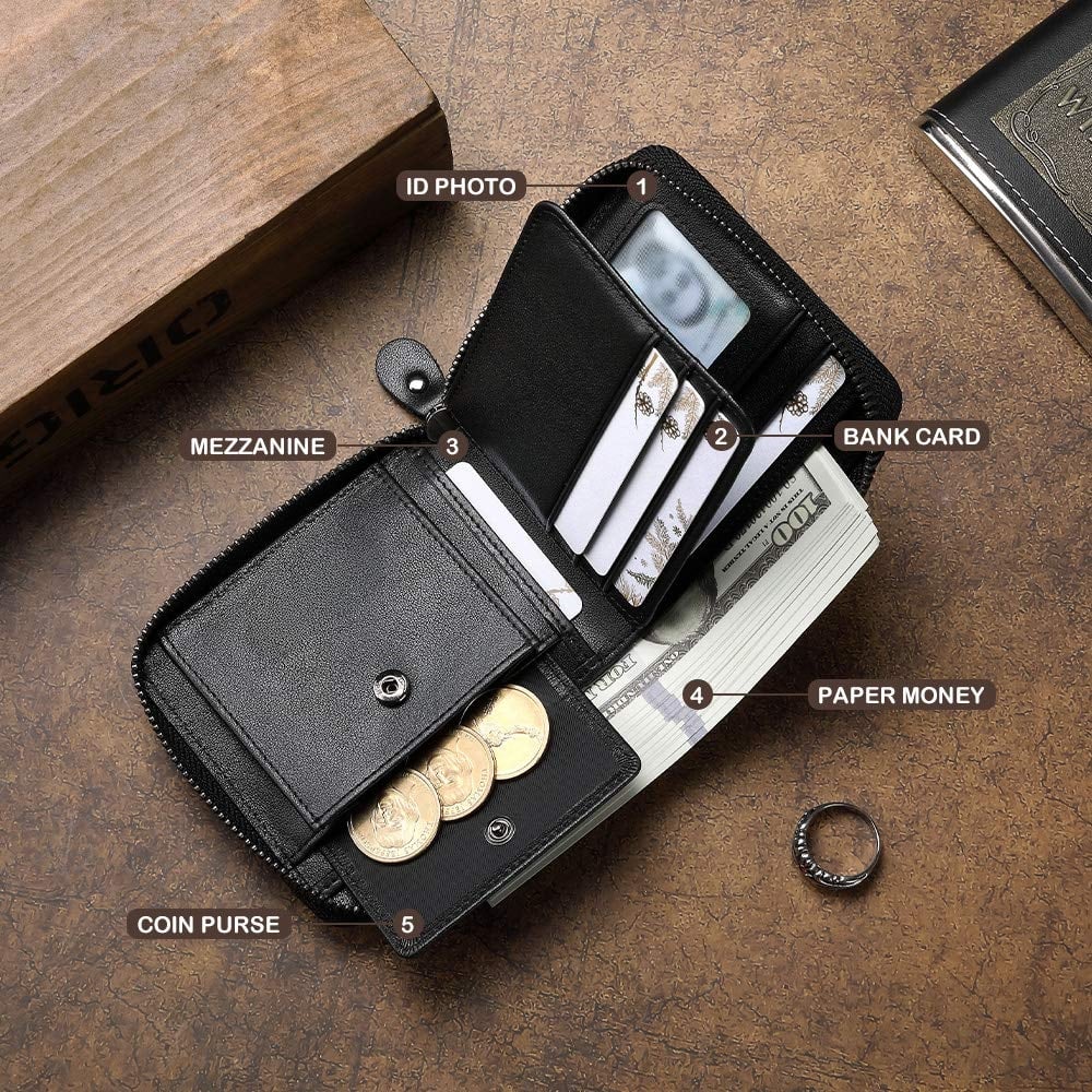 Layered wallet interior with ID window, card slots, cash section and coin pocket