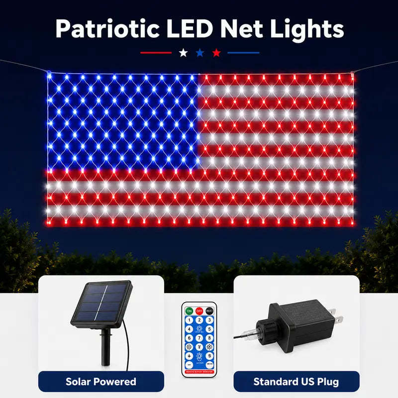 Solar-Powered National Flag Net Lights - Commemorative and Fun Outdoor Decorations