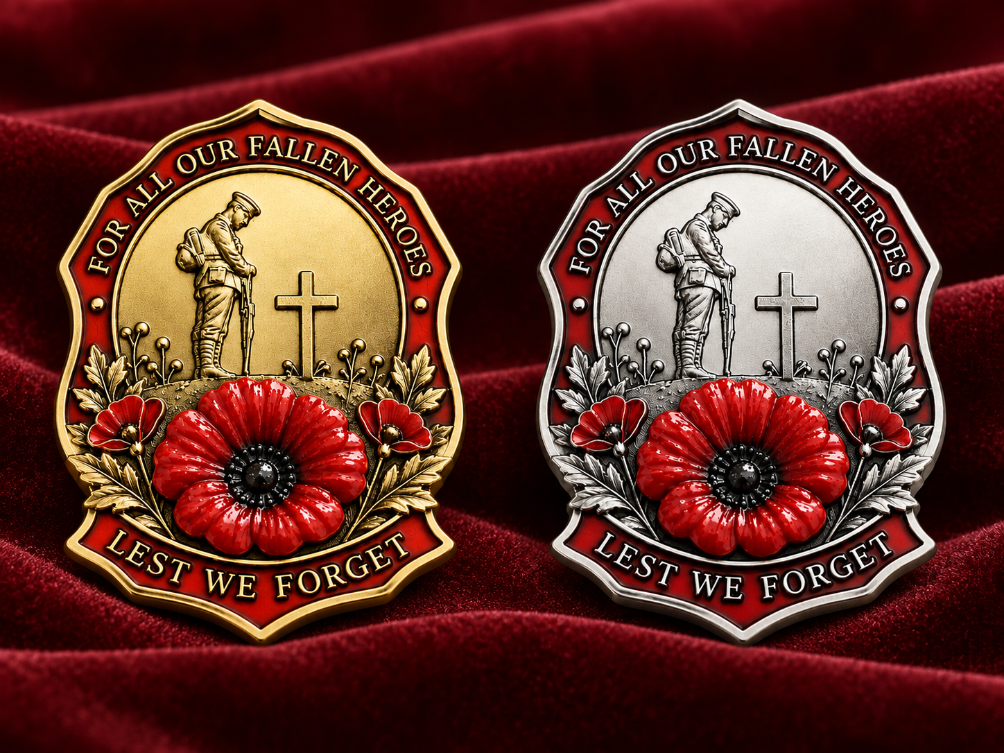 Gold-tone and silver-tone red poppy remembrance brooches shown side by side