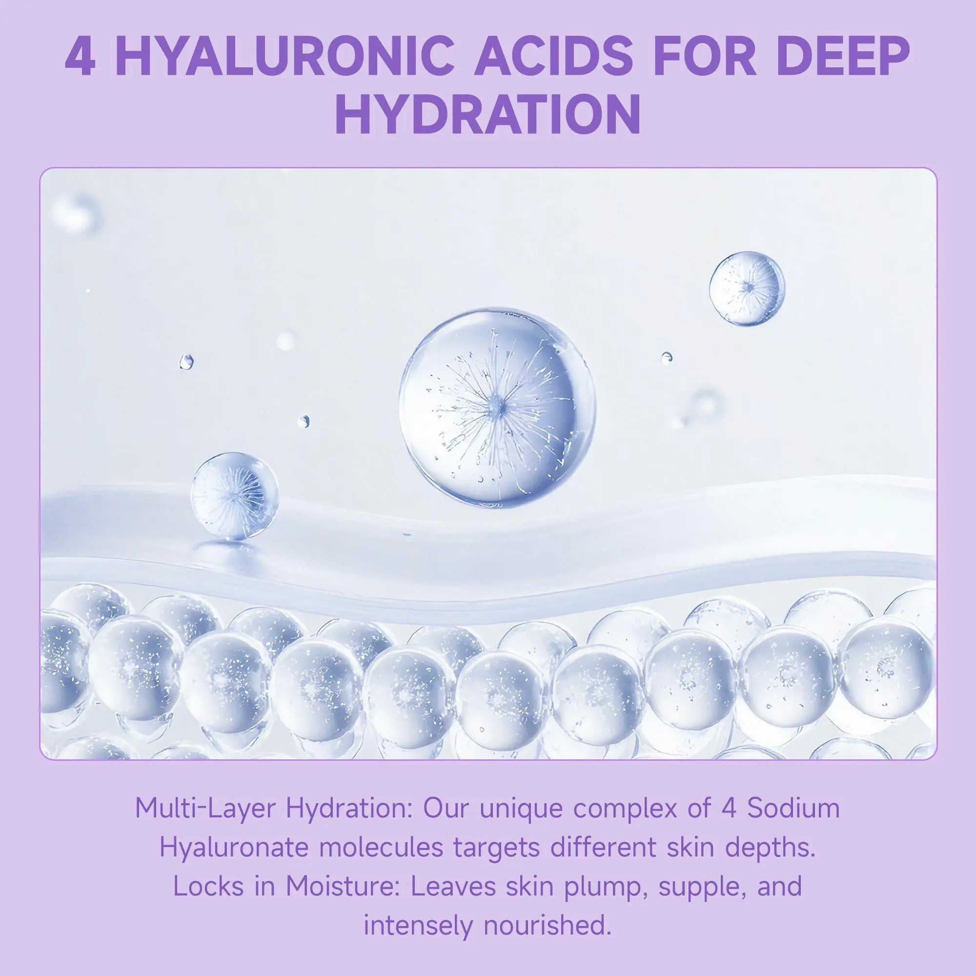 Four types of hyaluronic acid for multi-layer hydration and moisture retention