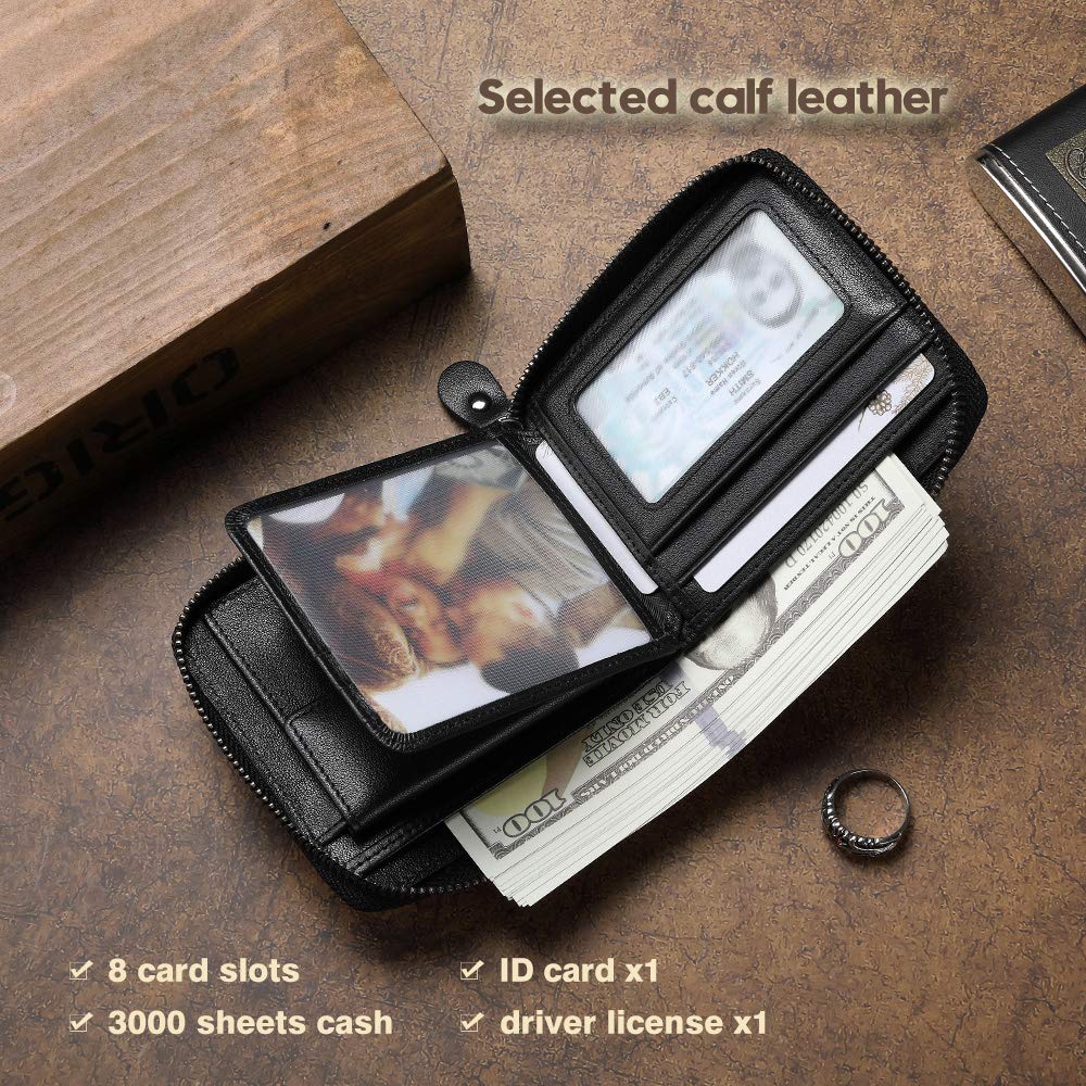 Open leather wallet showing eight card slots, ID windows and bill compartment