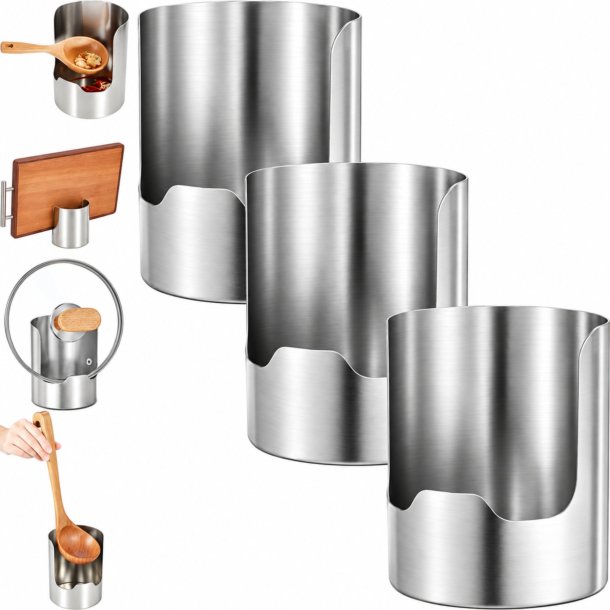 Three stainless steel multi-functional kitchen holders shown for organizing multiple work zones