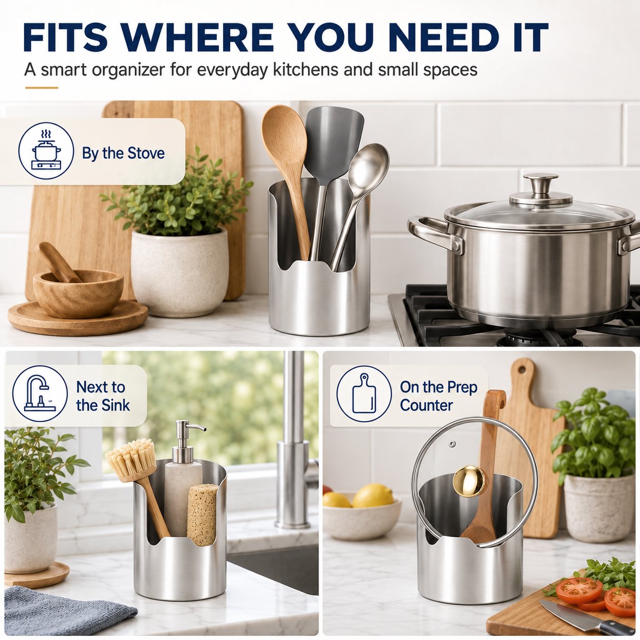 Compact kitchen organizer used beside the stove, next to the sink and on a food prep counter