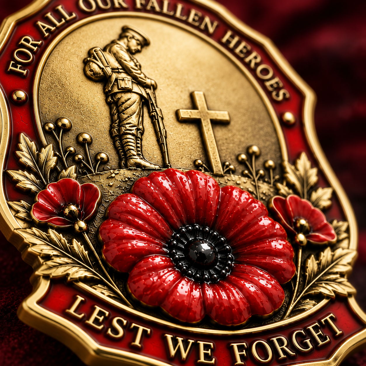 Macro detail of the red poppy, soldier and cross on the gold-tone brooch