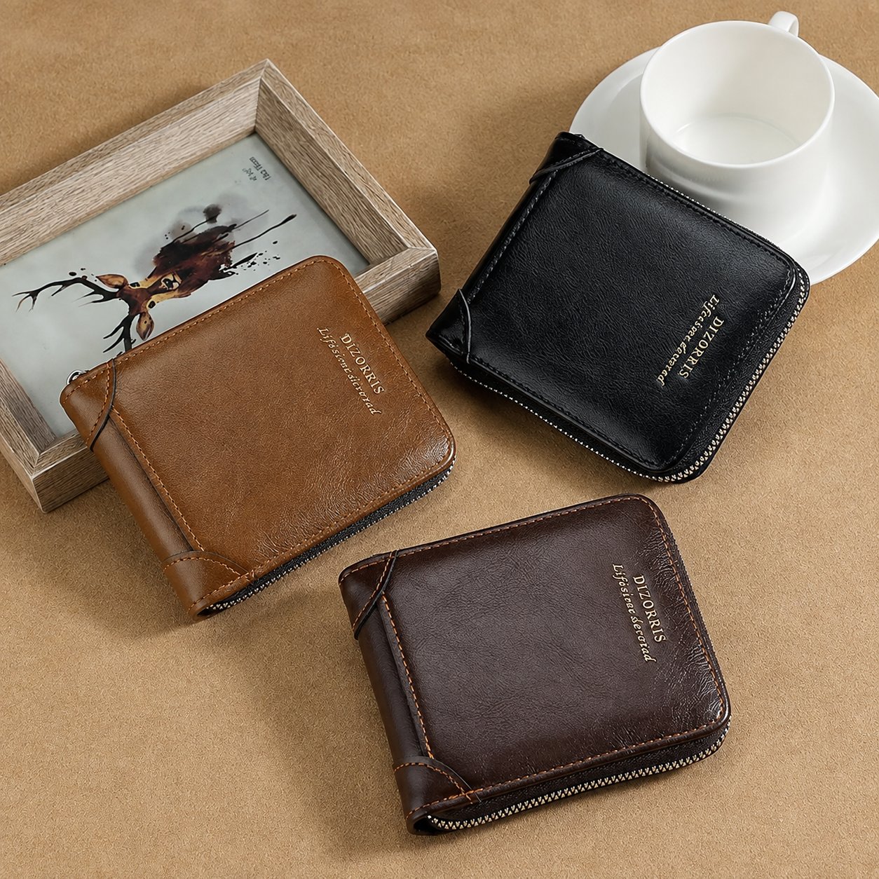 Men's square zip leather wallets in black, brown and coffee