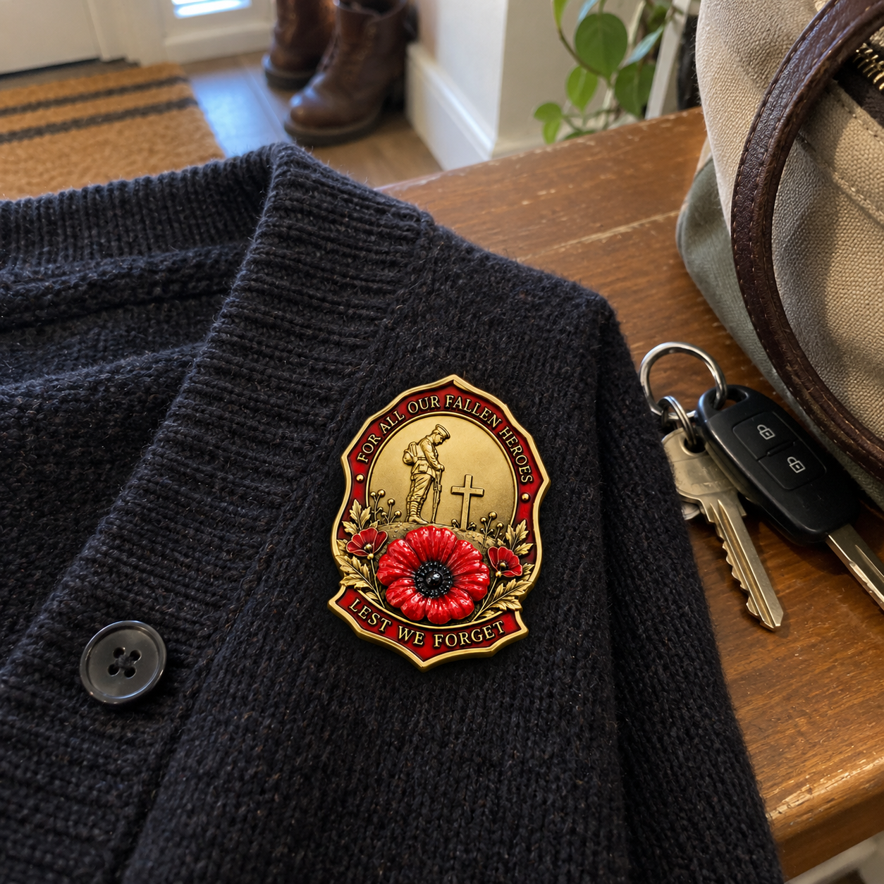 Illustrative buyer-style view of the brooch on a cardigan beside keys and a bag