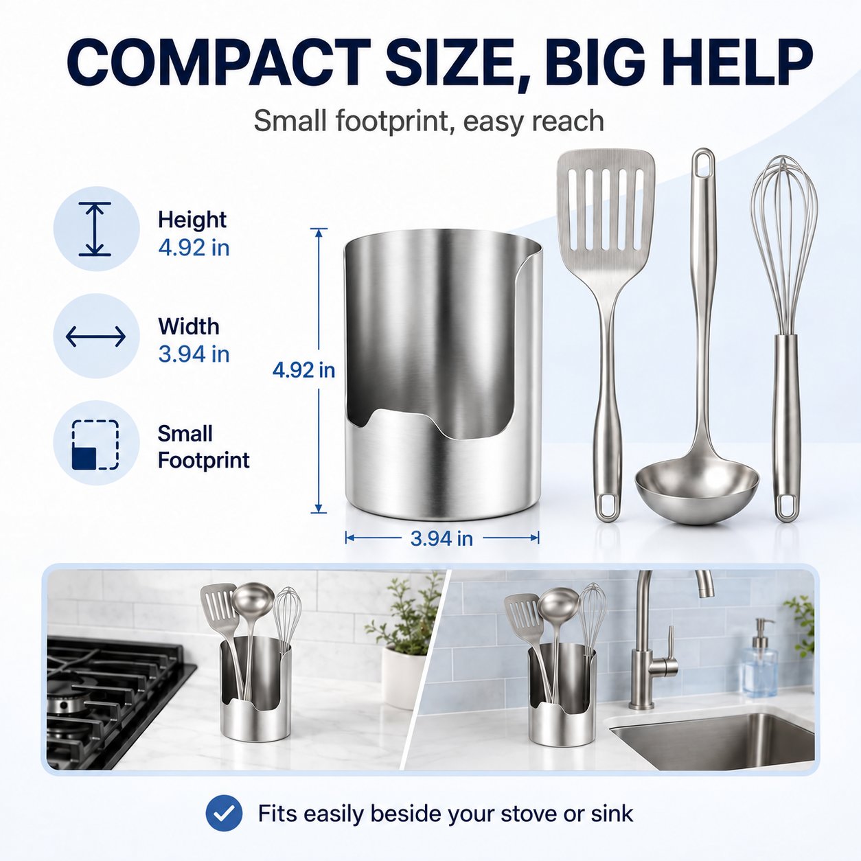 Compact utensil holder dimensions showing 4.92 inch height and 3.94 inch width