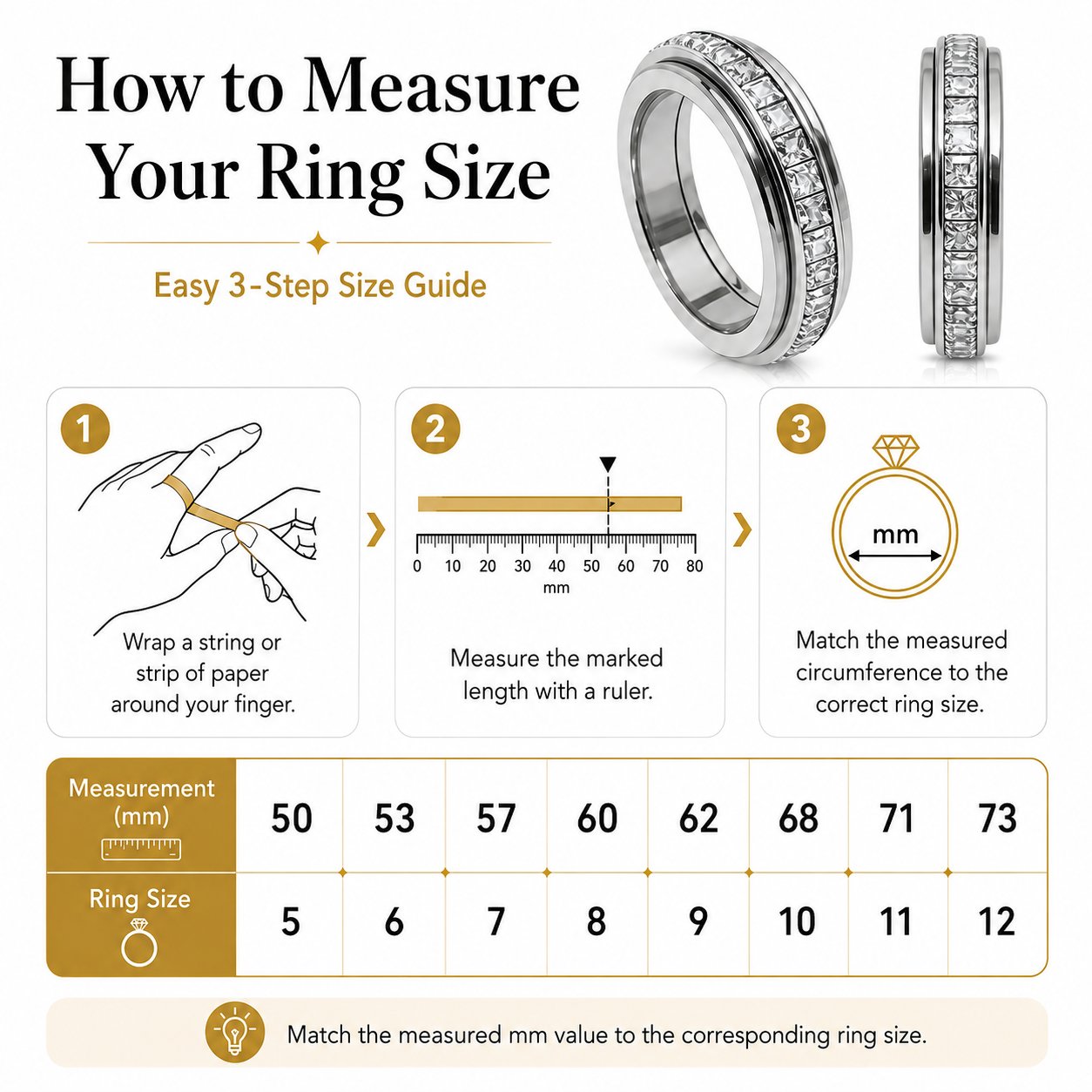 Three-step ring sizing guide with finger circumference measurements for sizes 5 through 12