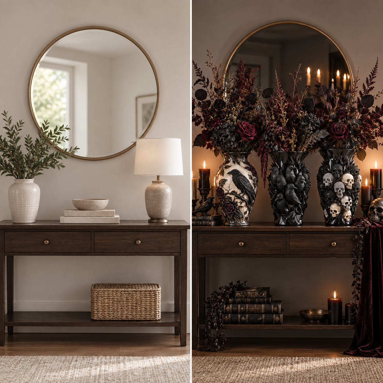 Three gothic Dark Muse vases styled together