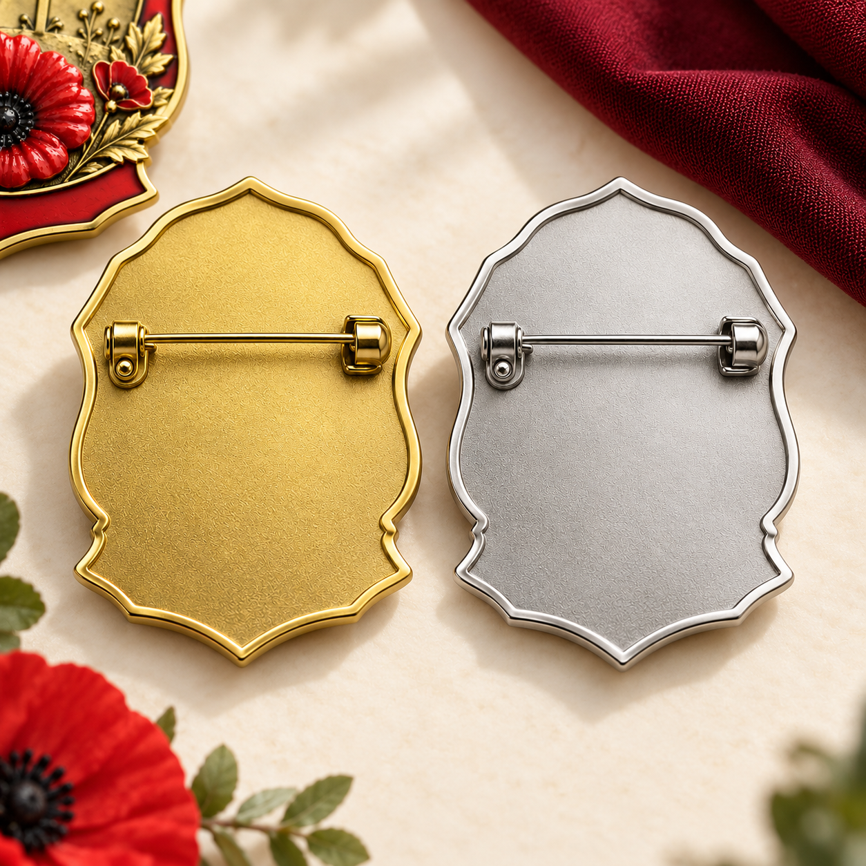 Back of the gold-tone and silver-tone brooches showing horizontal pin closures