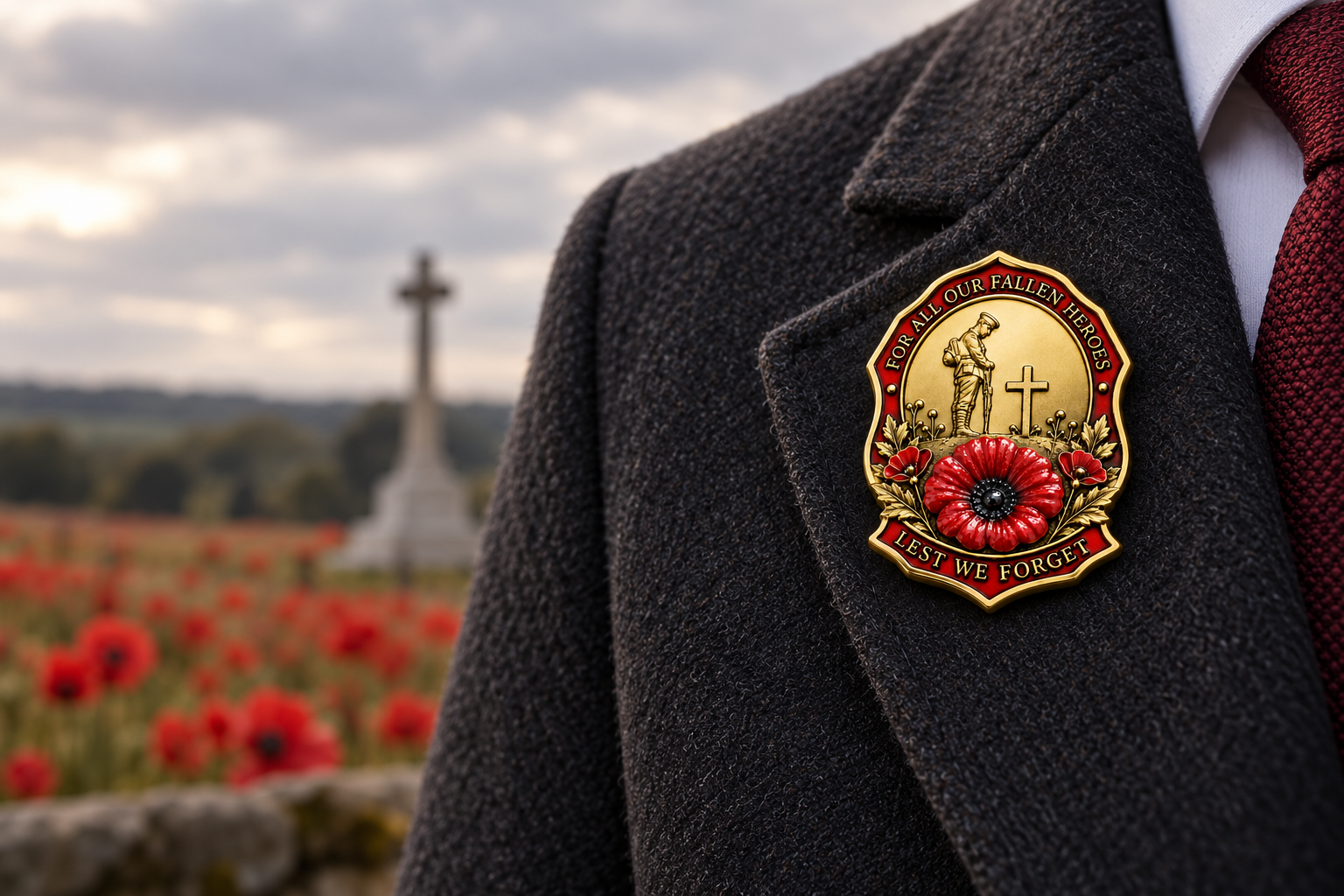 Gold-tone red poppy remembrance brooch worn on a charcoal coat lapel