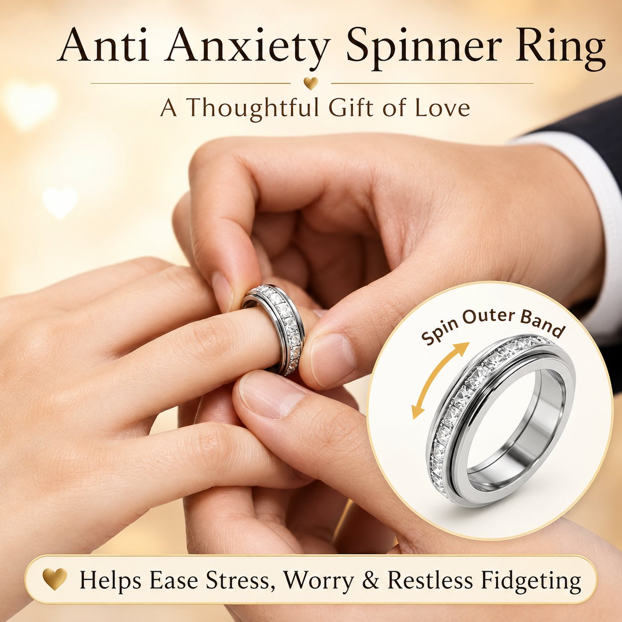 Crystal anti-anxiety spinner ring presented as a thoughtful gift of love