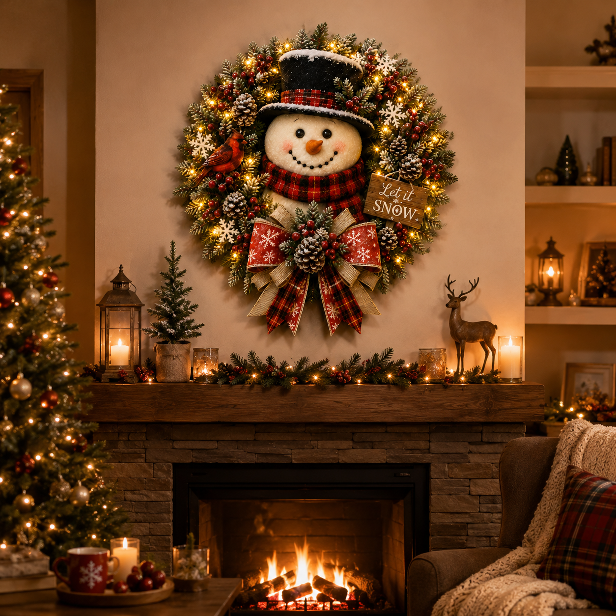✨✨Hot Sale 50% OFF⛄ Snowman Lighted Christmas Wreath – Festive Holiday Door Decor